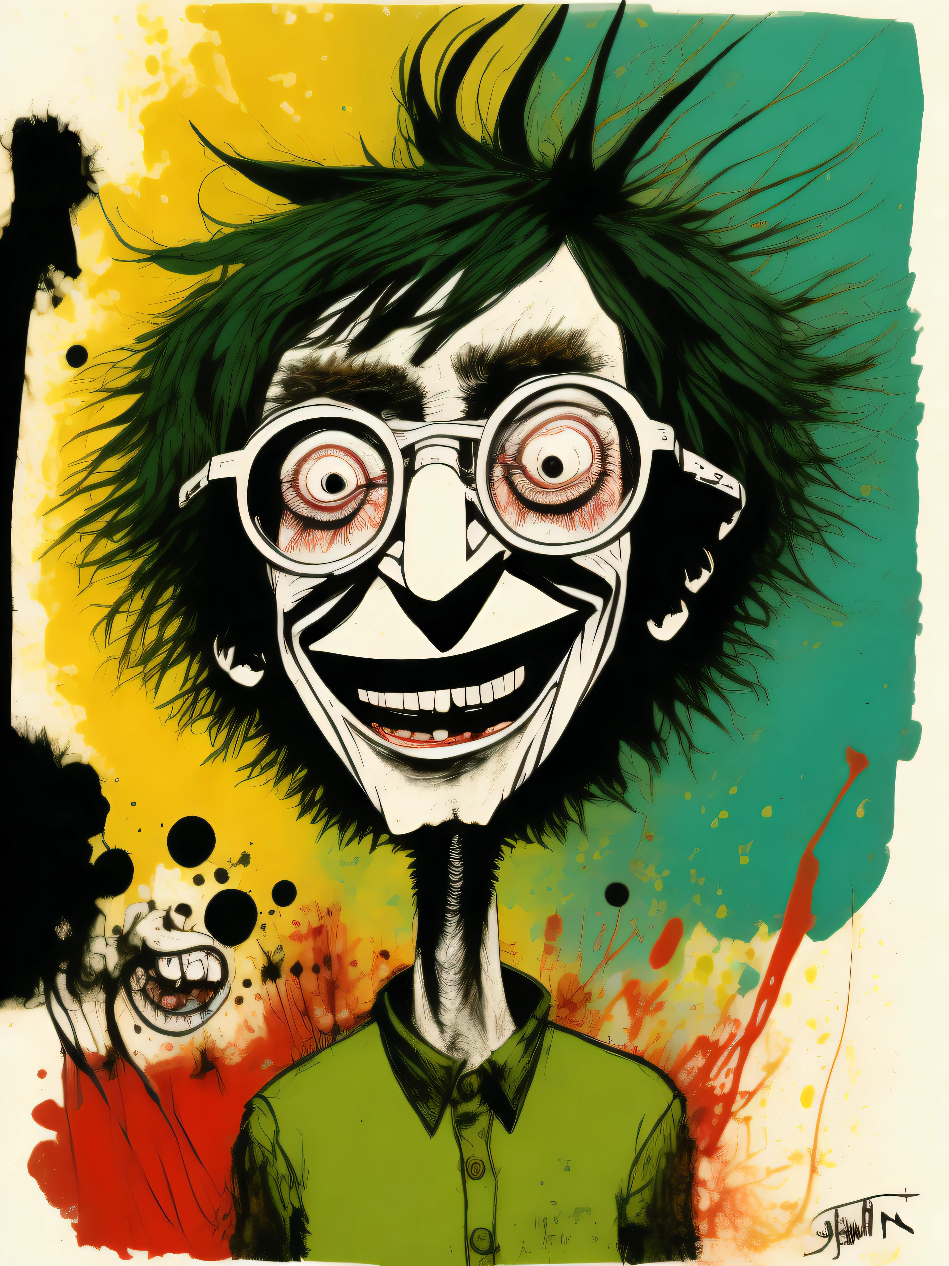 a portrait of John Lennon smiling, electrifying caricature, emphasis on smile, by Ralph Steadman, Dr. Suess, Jenny Saville, Kandinsky, doodle, sketch, surrealist, psychedelic abstraction
