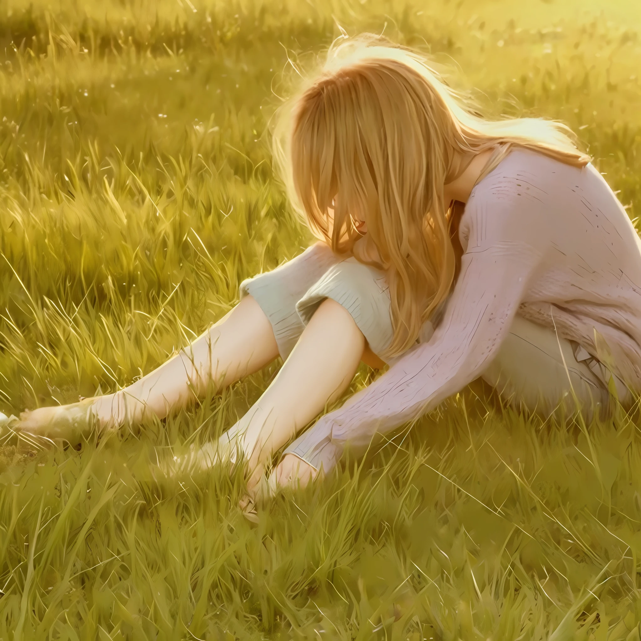 ((Best Quality, 8K, Masterpiece: 1.3)), Sharp: 1.2, Perfect Body Beauty: 1.4, Slim Abs: 1.2, ((Layered Hairstyle: 1.2)), (Sweater: 1.1), Seated Beauty, Jeans, Sitting on the Grass, Without Looking at the Camera, Long Blonde Hair, Lush Grass, Sweater Textured Enough