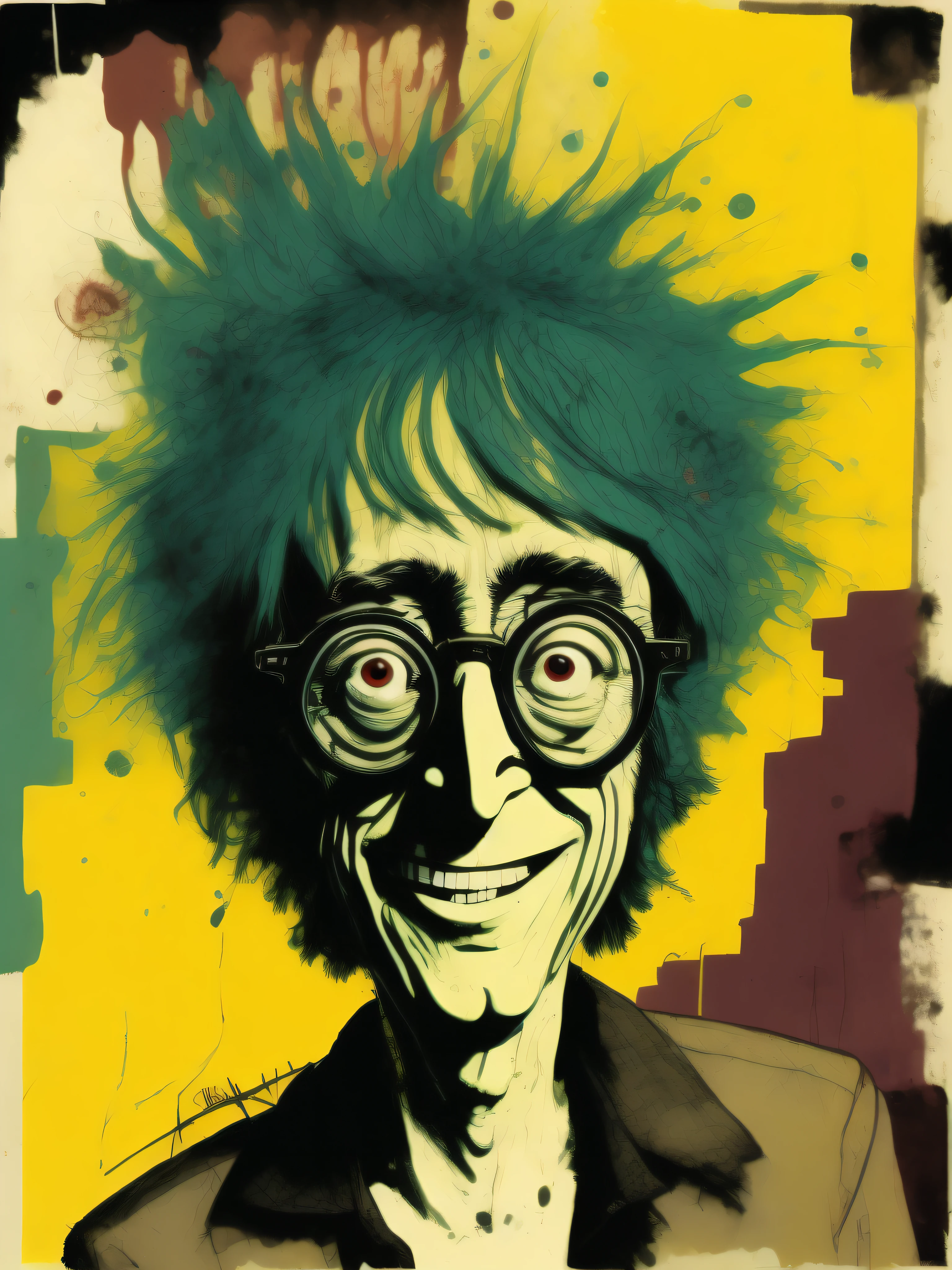 a portrait of John Lennon smiling, electrifying caricature, emphasis on smile, by Ralph Steadman, Dr. Suess, Jenny Saville, Kandinsky, doodle, sketch, surrealist, psychedelic abstraction