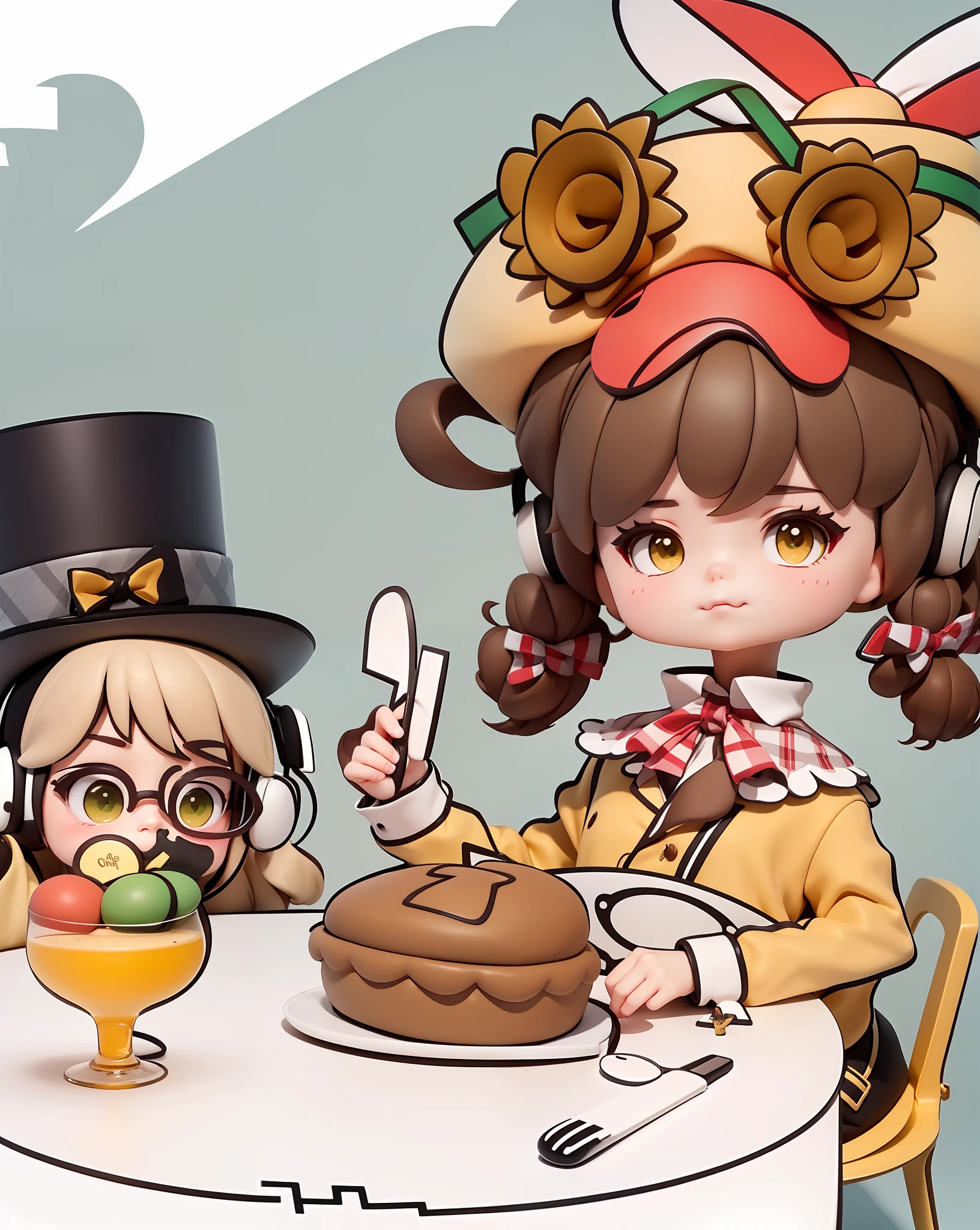 Short Double Ponytail Headphones Top Hat Suit Unilateral Glasses with Cute Double Ponytail Girl Brown Dull Hair Yellow Beret Sunglasses Above Beret Yellow Coat Yellow Socks Black and White Gray Plaid Skirt Green Sneakers D Cup Eat dessert