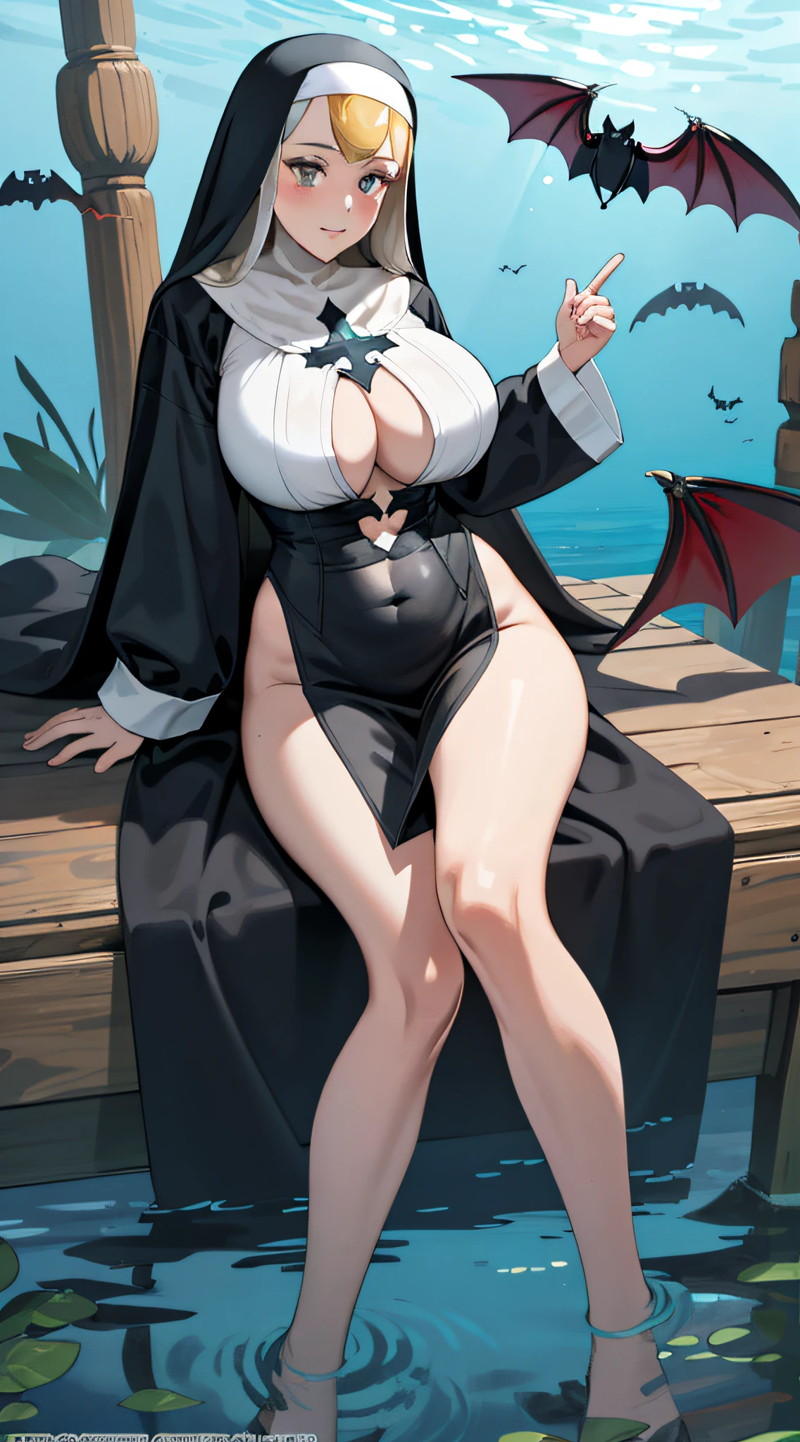 Animated image of woman in nun costume underwater from knee down, cute sexy bat, [4K digital art]!, 3DCG, high resolution commission, huge tess art, huge, large areola, detailed digital anime art drawn in high resolution, naked