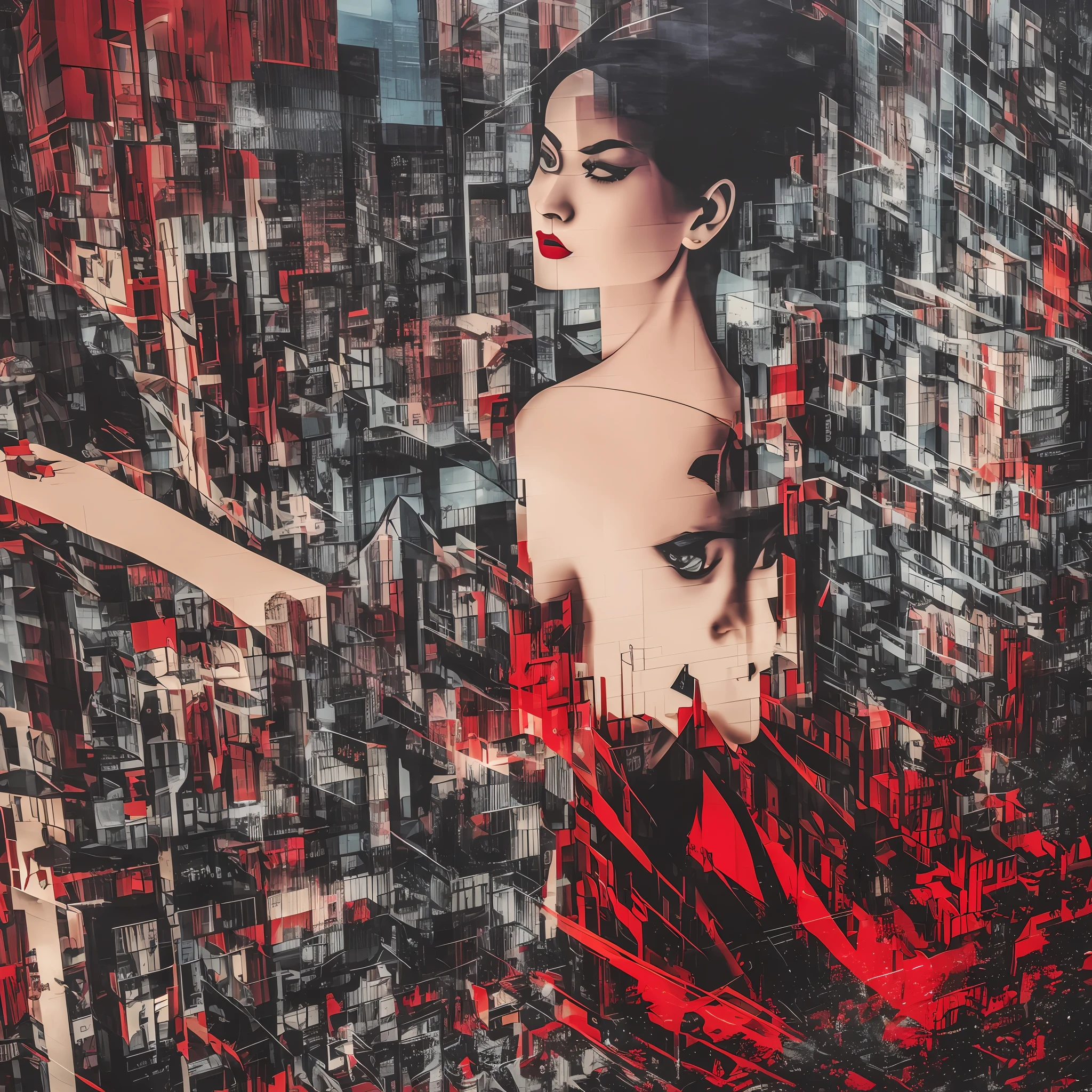 (((masterpiece)))), Beautiful, Distinctive color, Dark, Backlit, Contrast, Shinjuku Art style, Provincial city, Raindrops flowing from the window frame, (((Only one room is bright))),1 woman, Red skirt, black tights, red lipstick, only part of the face is light, black hair with hair ornaments, pitch darkness in the background, space with the world, something strange presence.