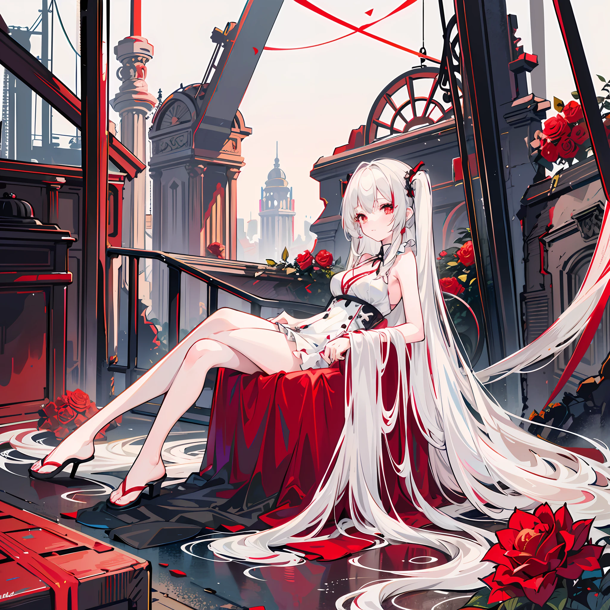 One Girl, Solo, ((Large: 1.4)), ((Hi-Res)), ((Masterpiece)), ((Best Quality)), (Very Detailed)), large_filesize, Full Color, Detailed Background, Long White Hair, Red Eyes, (Eyeliner), Crumbled Ruins, Cyber Gothic, Red, Sitting, See-Through Dress, Lamp Light, Ruins, Ruins, Night, Roses, Ruins