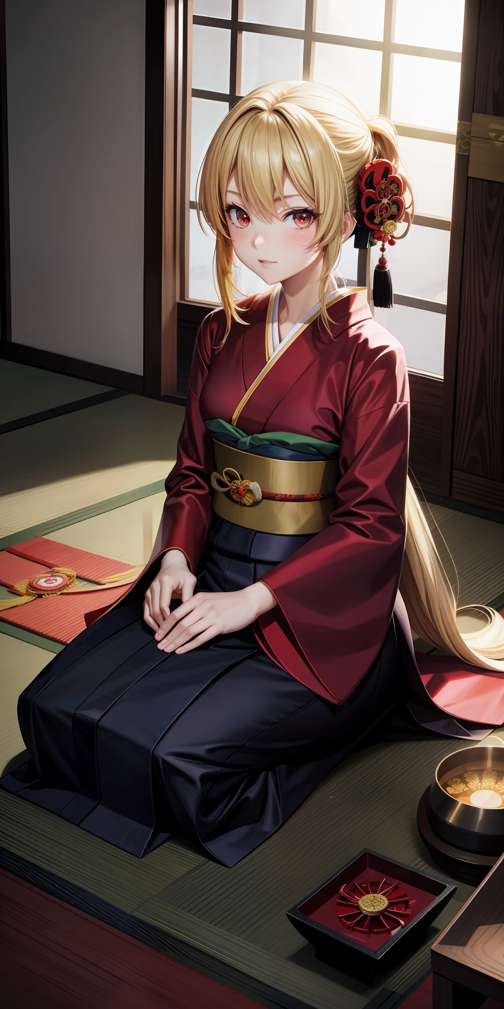 anime, single girl, blonde, red eyes, kimono, sun, nikko, seiza, indoor, japanese room