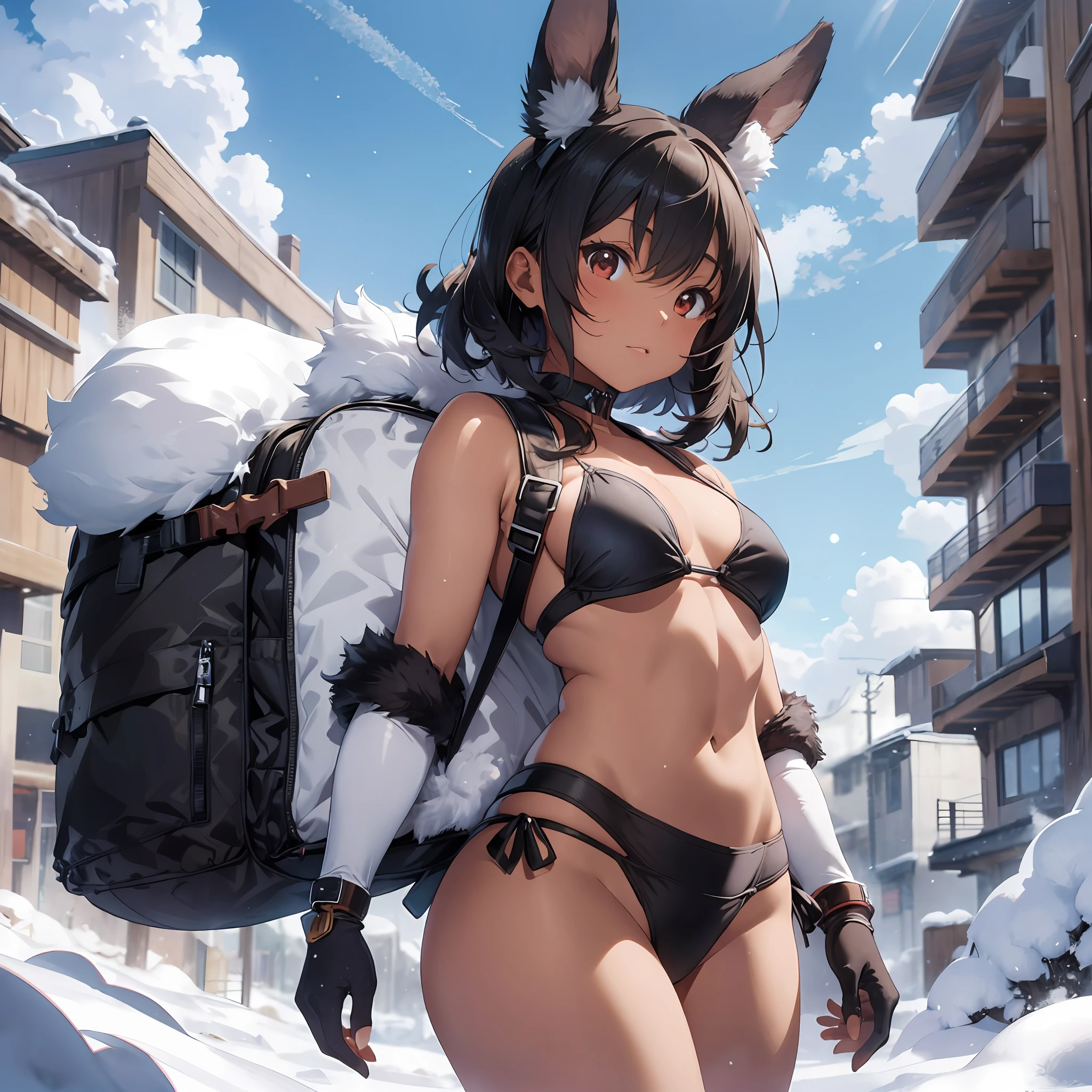 Background is snow, fur and bikini fusion, natural luminescence, flat chest, thick eyebrows, (huge backpack: 1.5), (dark skin: 1.3), brown skin, movie lighting, small, rabbit ears, (masterpiece), ((best quality)), (super detailed), glossy skin, full body anime girl, clean and detailed anime face, high resolution anime eyes, five fingers, textile shading, Perfect human structure, perfect anatomy,