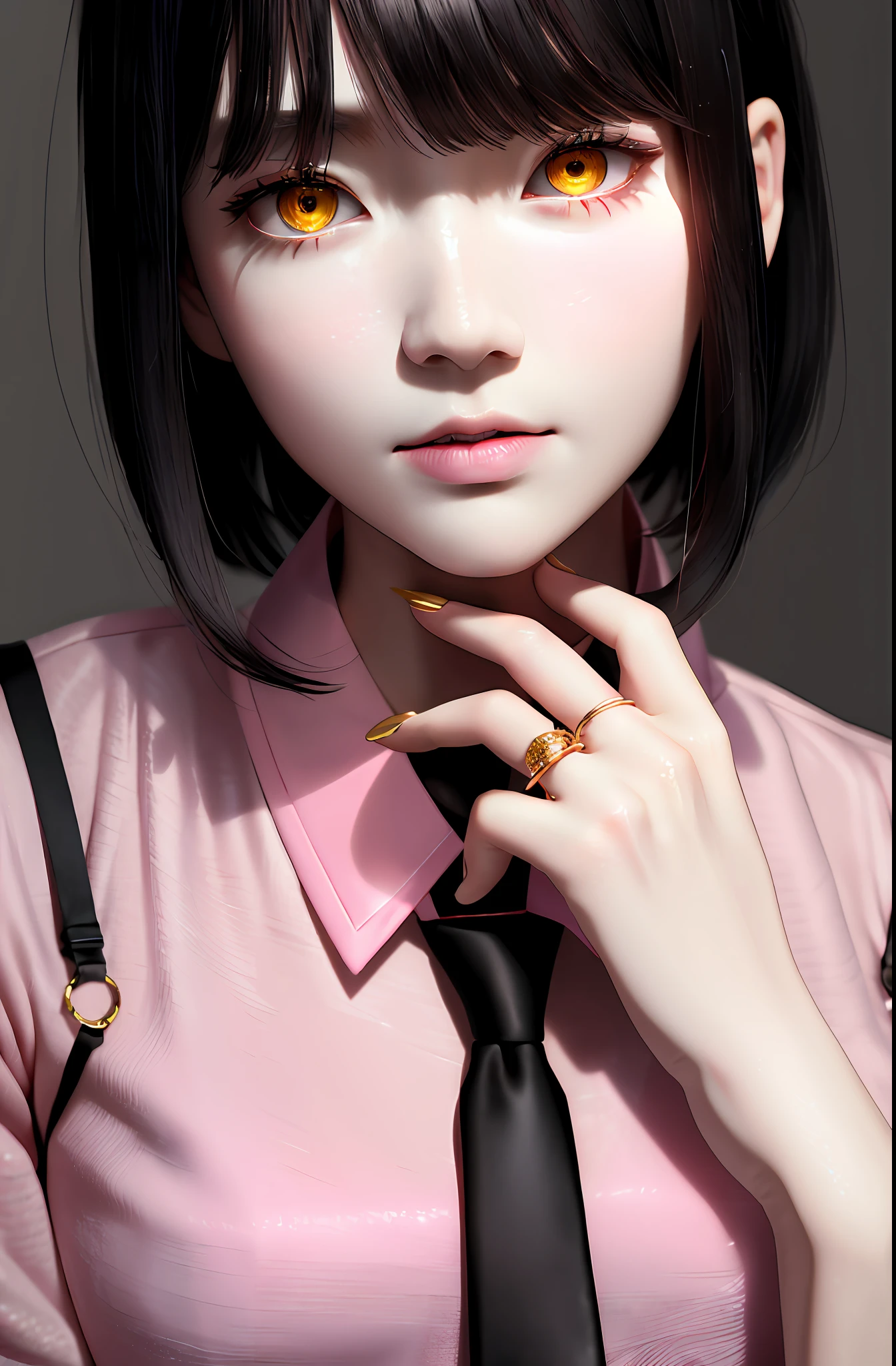 Masterpiece, (Photorealistic: 1.4), Top Quality, Beautiful Lighting, (ulzzang-6500:0.5), Makima \(Chainsaw Man\), (Bob Hair) + (Black Hair) + (Bangs), Yellow Eyes, Golden Eyes, (((Ring Eyes)), (Pink Shirt), (Tie), RAW Photography, 8k UHD, Film Grain