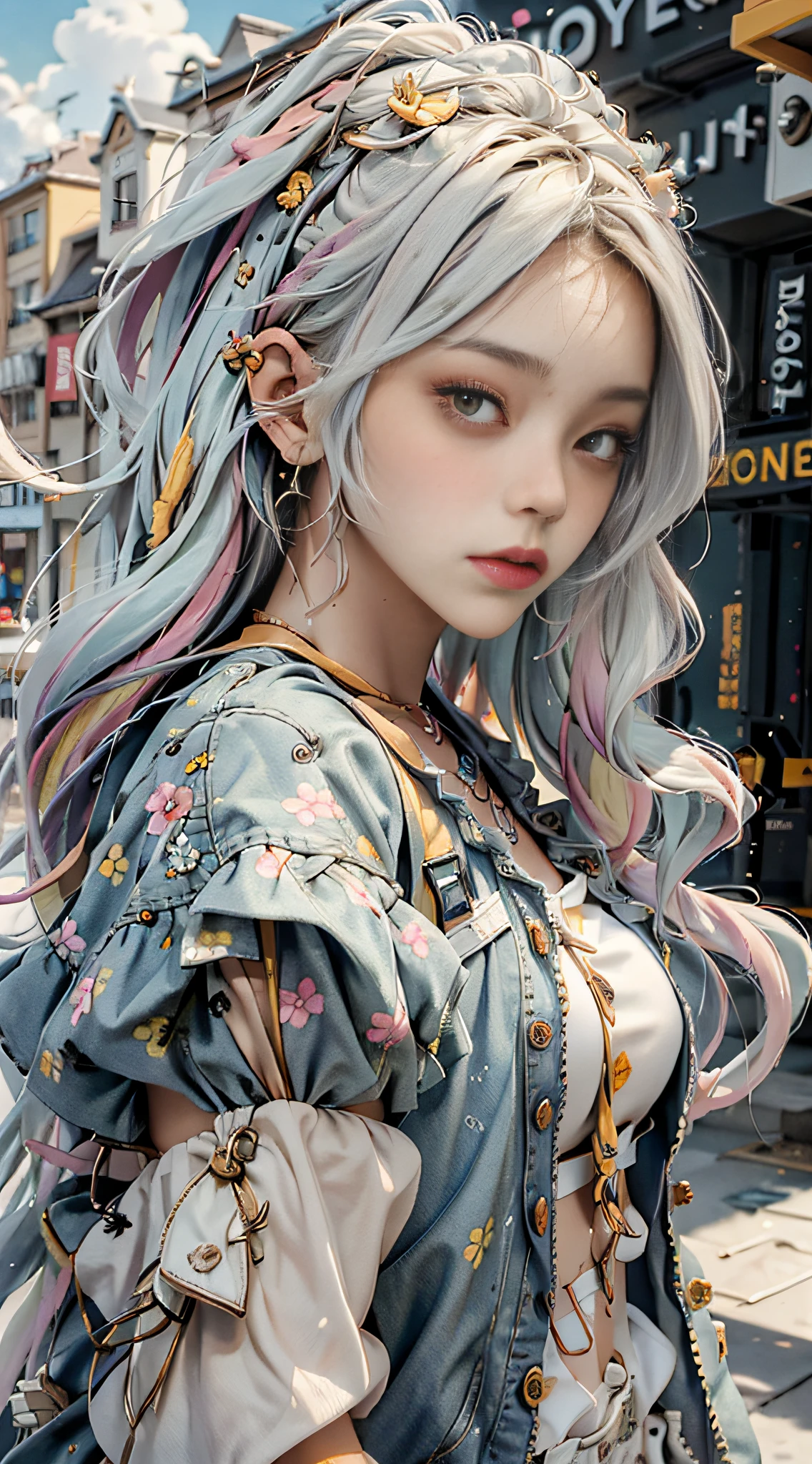 masterpiece, best quality, spring outfit, colorful hair,  outdoor,cloud ,upper body,