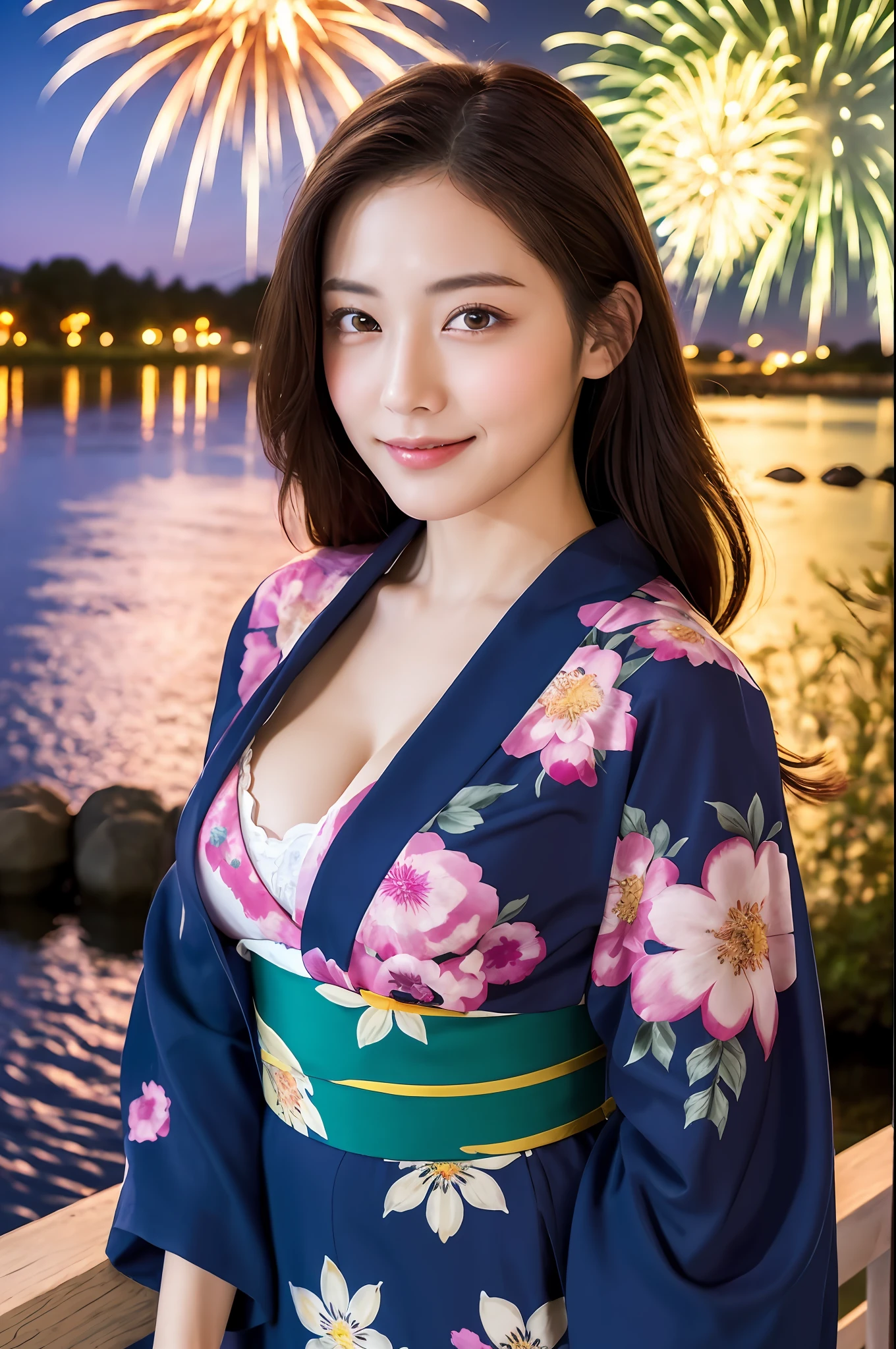 ((masterpiece, highest quality, super definition, high definition)), solo, beautiful girl, shining eyes, perfect eyes, beautiful sister of Japan, fluffy breasts, cleavage, fireworks at night in the background, high quality, 4K, floral yukata, fireworks