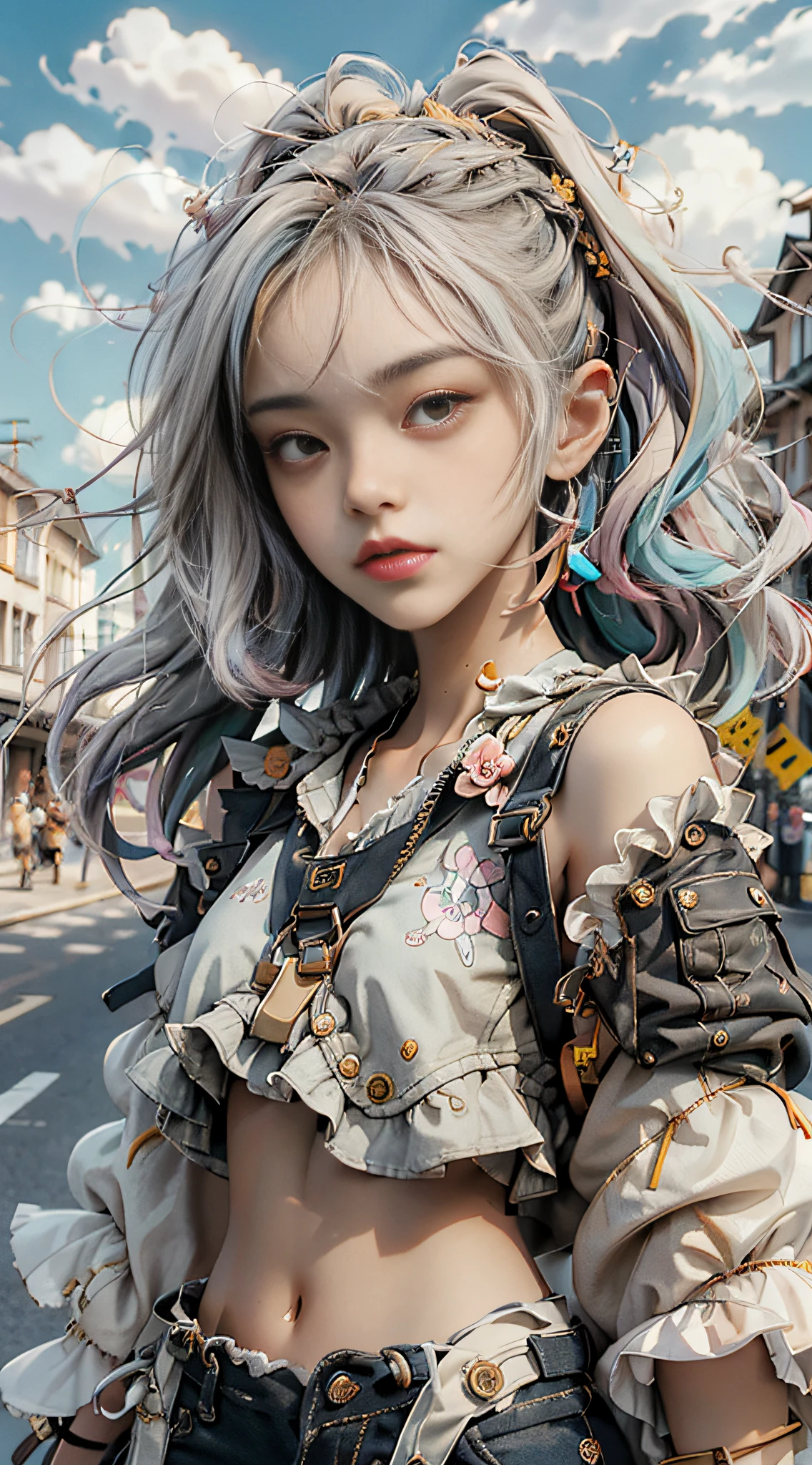 masterpiece, best quality, spring outfit, colorful hair, outdoor,cloud ,upper body,