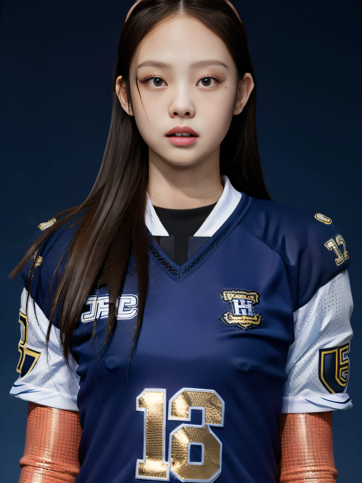 Masterpiece, superlative, realistic, Jennie wearing trendy football uniform, HD, photography and lighting, 16k