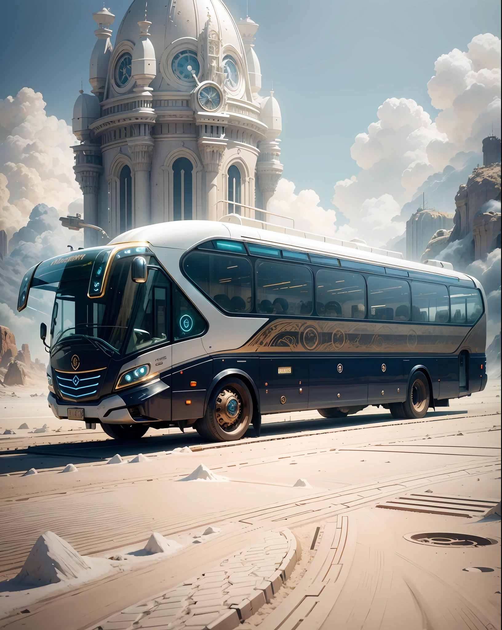 futuristic bus, background whites, steampunk body, intricate details, magnificent, cinematic, high resolution, 4k,