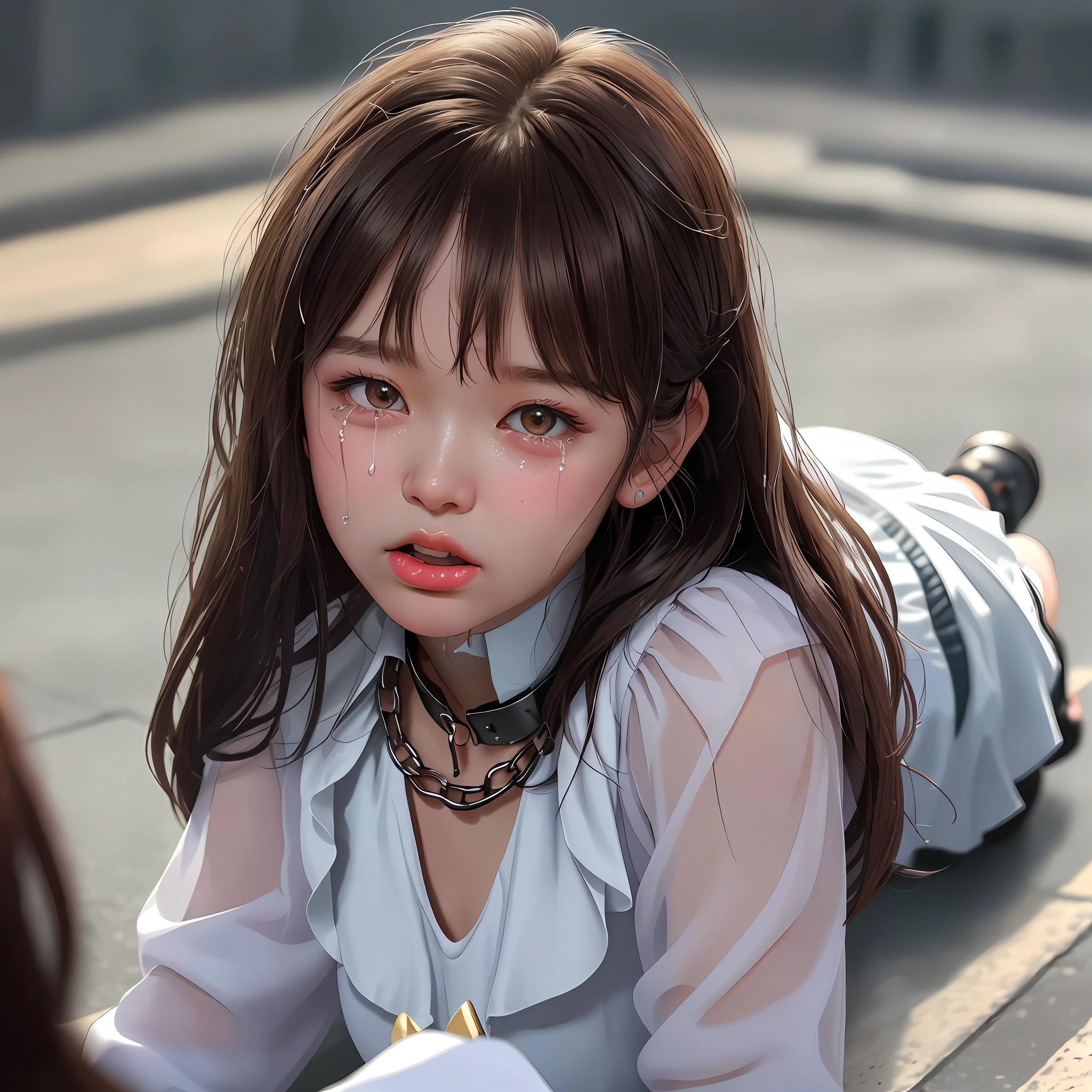 (8k, RAW photo, best quality, masterpiece:1.2), yjnn, a girl, 3d, asian, bangs, bow, chest, brown_eyes, brown_hair, lips, long_hair, long_sleeves, looking_at_viewer, ultra-realistic and dynamic, Close up of girl crawling on all fours, collar, heap chains, collars, chains connected to collars, shackles, controls, tongue studs, tongue stickouts, flowing drool, lots of drool, expressions of despair, flowing tears, wet eye makeup, oh hey face, hips, perfect face, back to camera, right above perspective, head up when shooting.