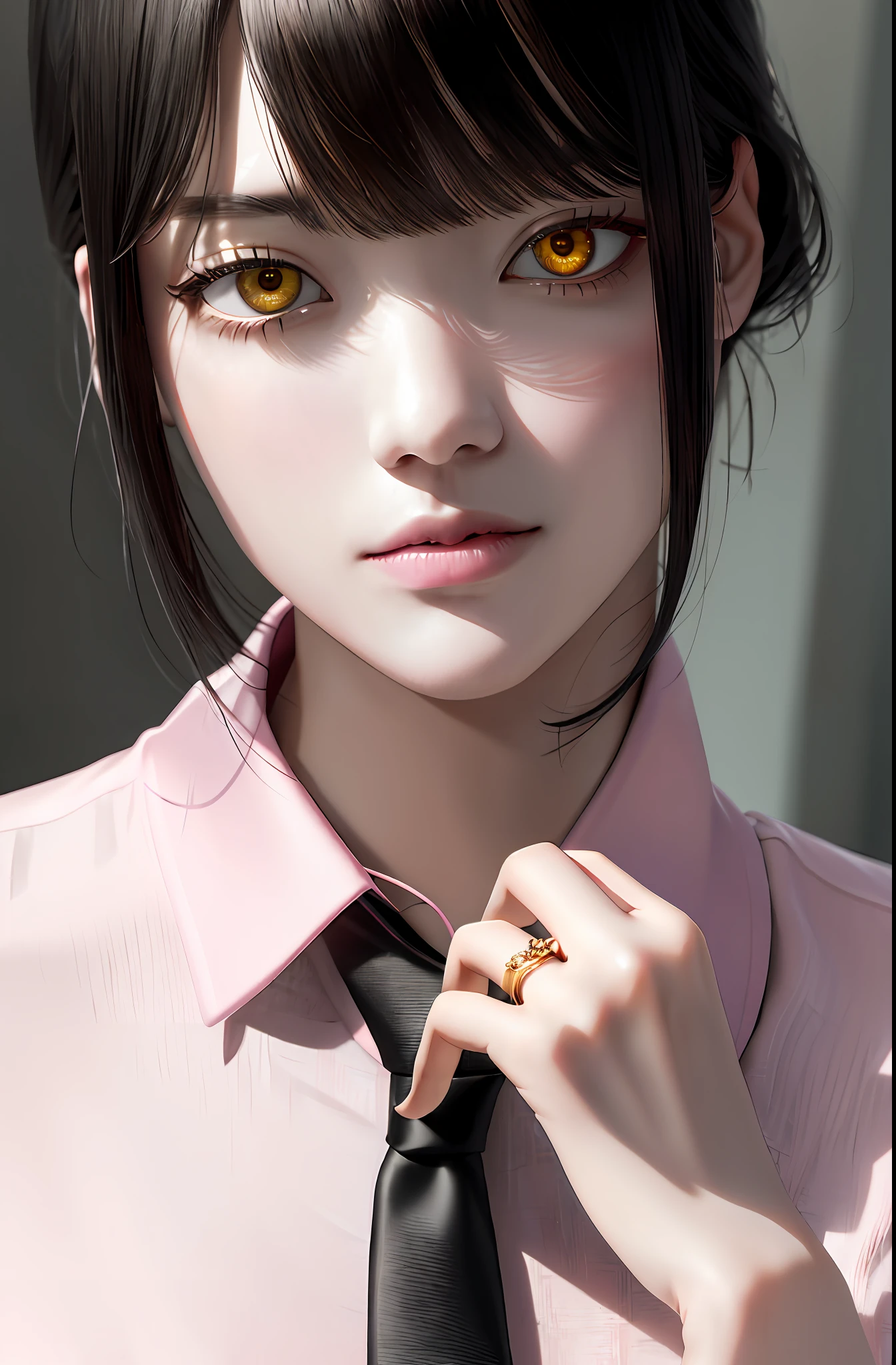 Masterpiece, (Photorealistic: 1.4), Top Quality, Beautiful Lighting, (ulzzang-6500:0.5), Makima \(Chainsaw Man\), (Bob Hair) + (Black Hair) + (Bangs), Yellow Eyes, Golden Eyes, (((Ring Eyes)), (Pink Shirt), (Tie), RAW Photography, 8k UHD, Film Grain