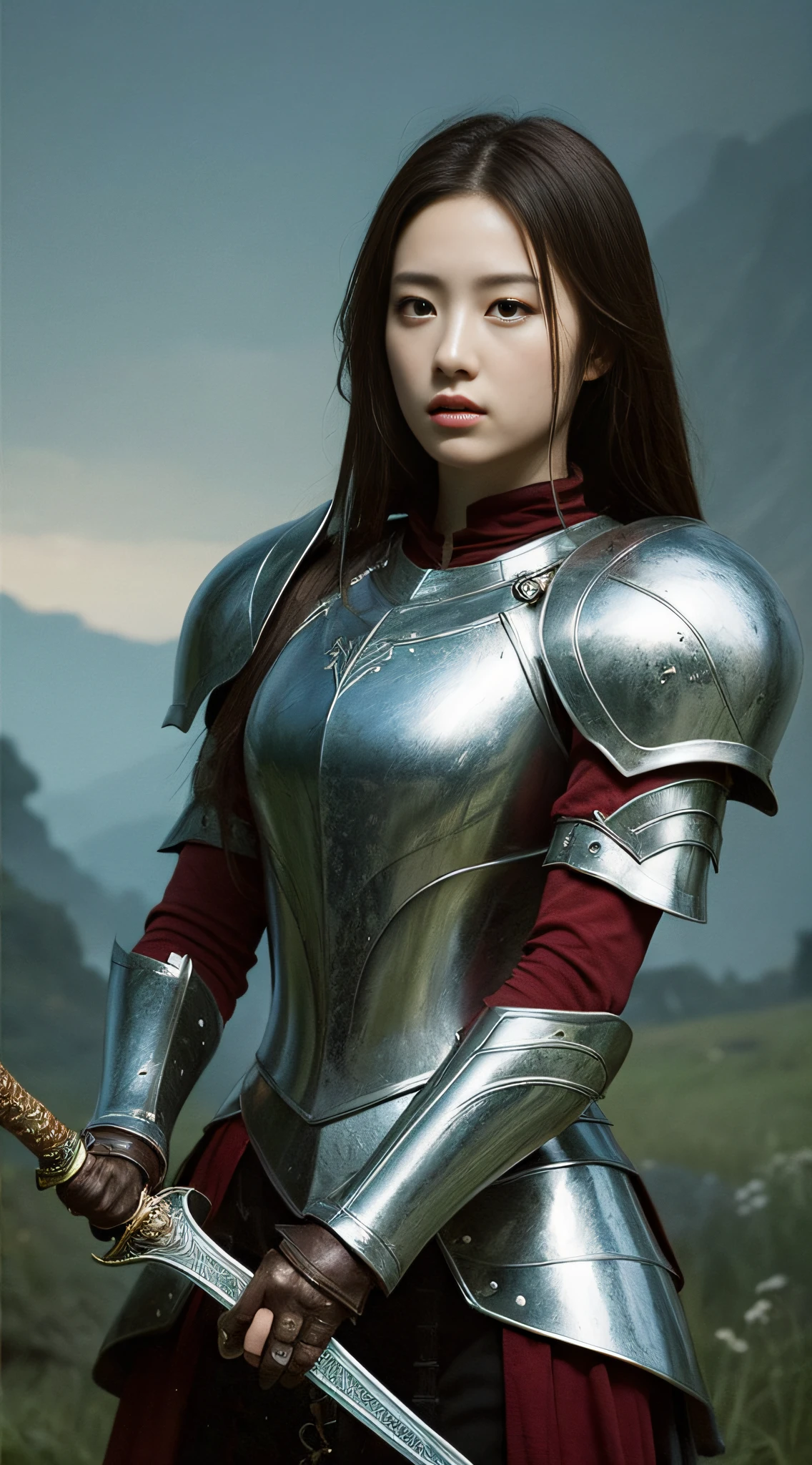 Masterpiece, best quality, realistic, 1 girl, armor, sword in hand,