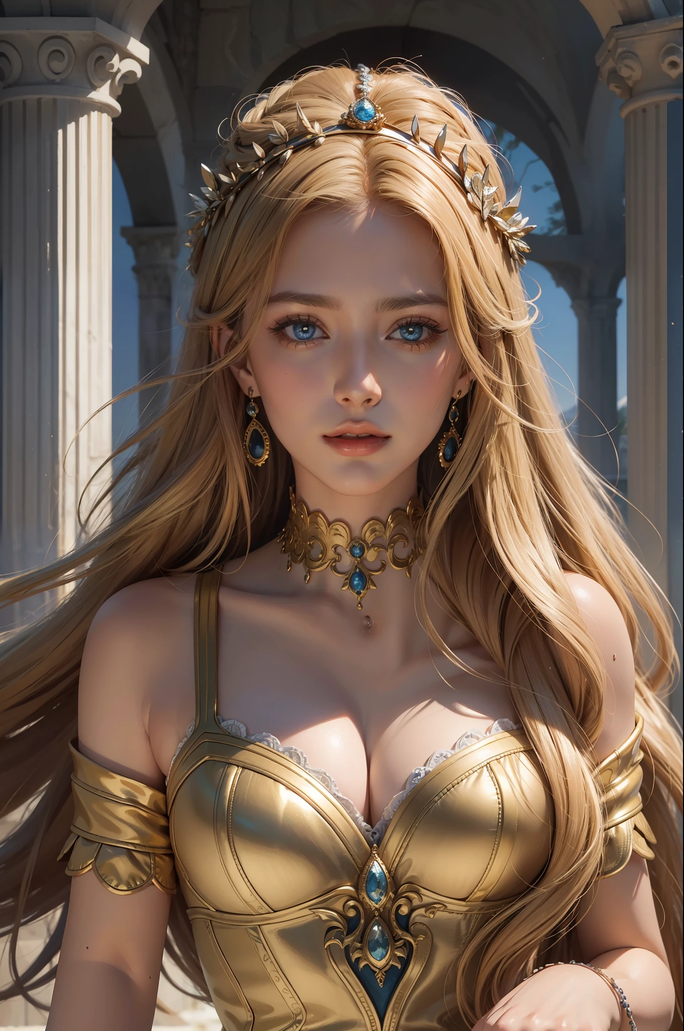 ( Absurd, High quality, ultra-detailed, masterpiece, concept art, smooth, highly detailed artwork, hyper-realistic painting )beautiful eyes(eyes detailed), Greek mythology, Helen of Sparta, princess Helen, the most beautiful woman in the world, beauty was extraordinary, enchanting, with radiant features and a flawless complexion, lovely, mesmerizing eyes that held a magnetic charm, drawing people towards her, Golden hair color, cascading down her shoulders in waves, her beauty became a source of conflict and tragedy, Whole body