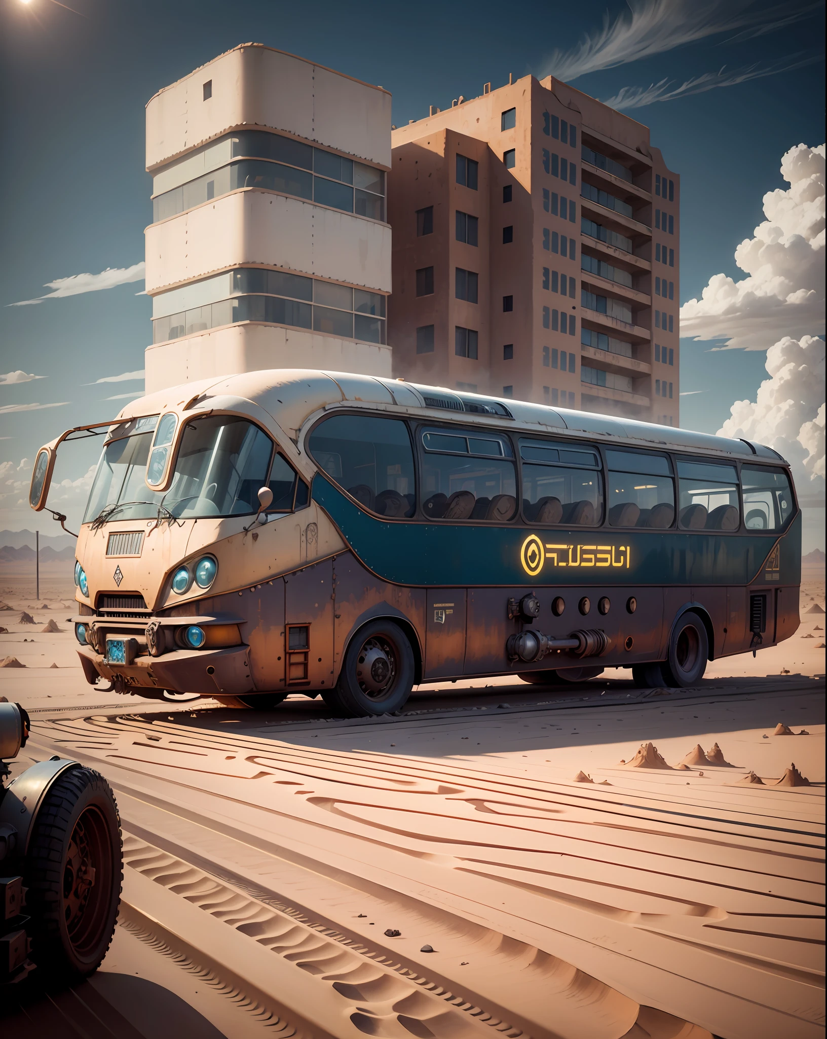 futuristic bus, background desert abandoned dunes, mad max, high buildings, roads, machinery steampunk, post modern, intricate details, magnificent, cinematic, high resolution, 4k,