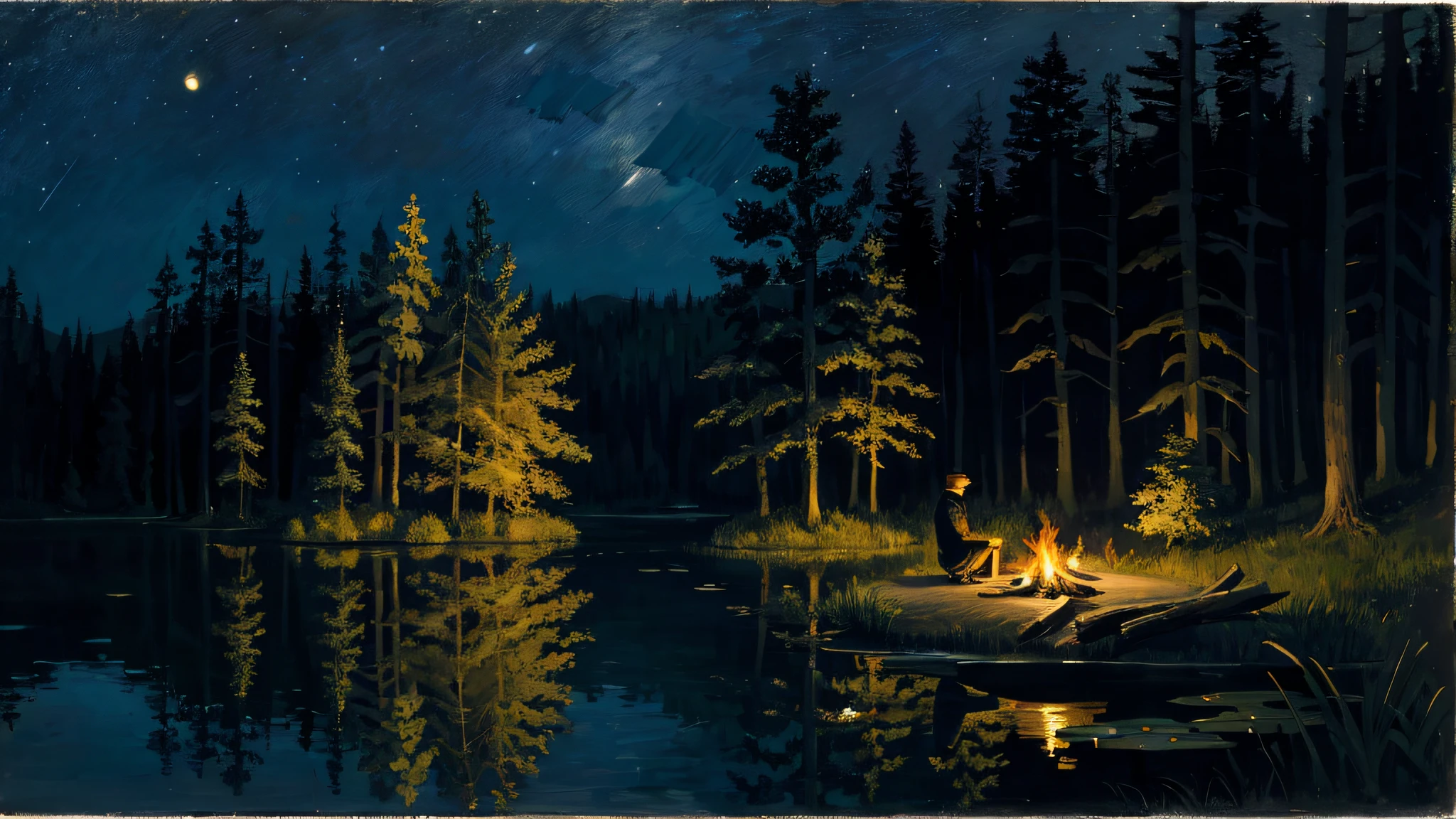 (Masterpiece), a man sitting on a left wood, forest, night sky, night, campfire, lakeside, Monet