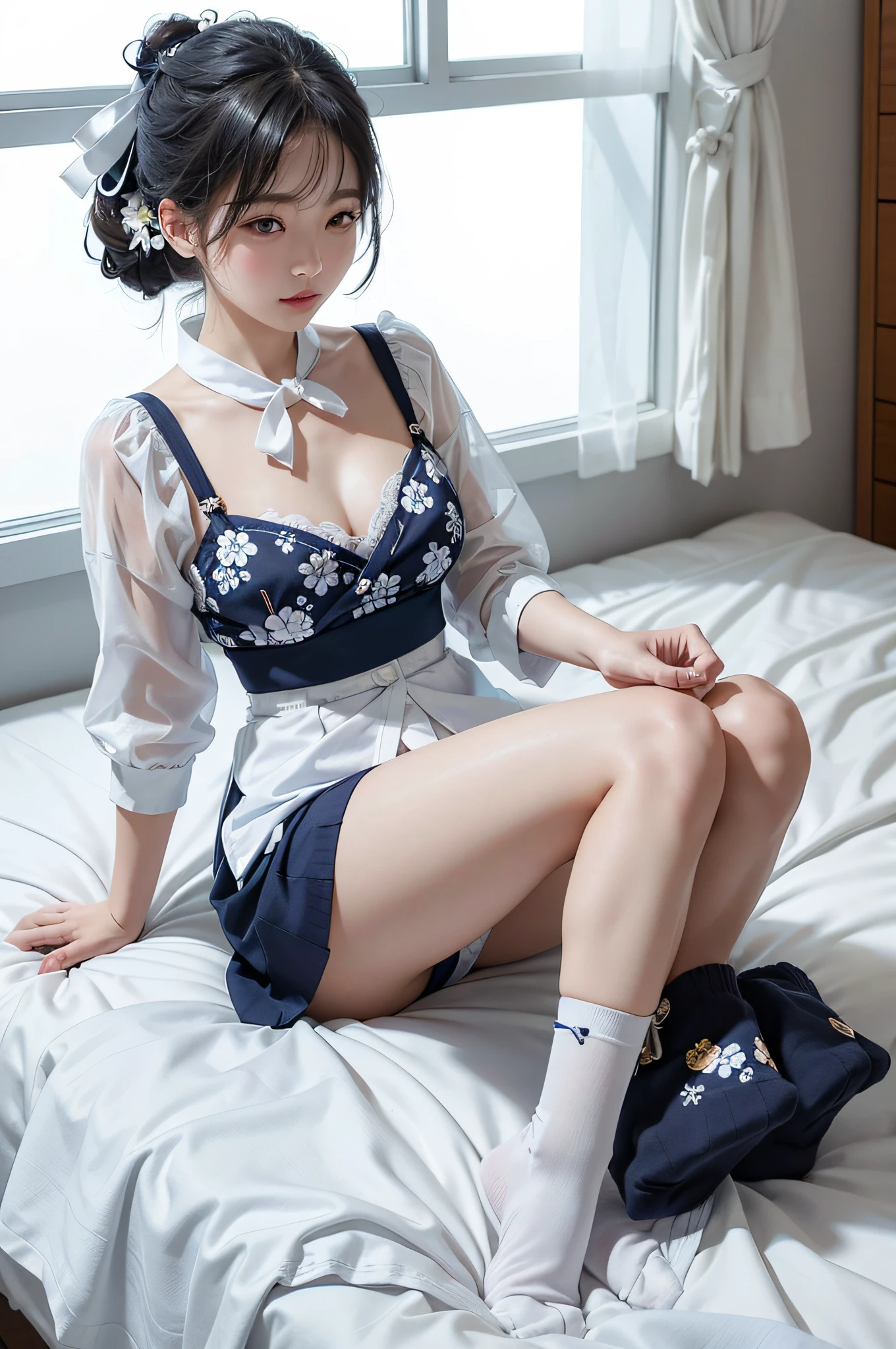 One japanese woman with ribbon in hair, white blouse, ribbon around neck, dark blue bra with floral pattern, navy blue panties with floral pattern, plain white silk ankle-length socks, wearing navy blue pumps, light white background, faint smile lying on white bed