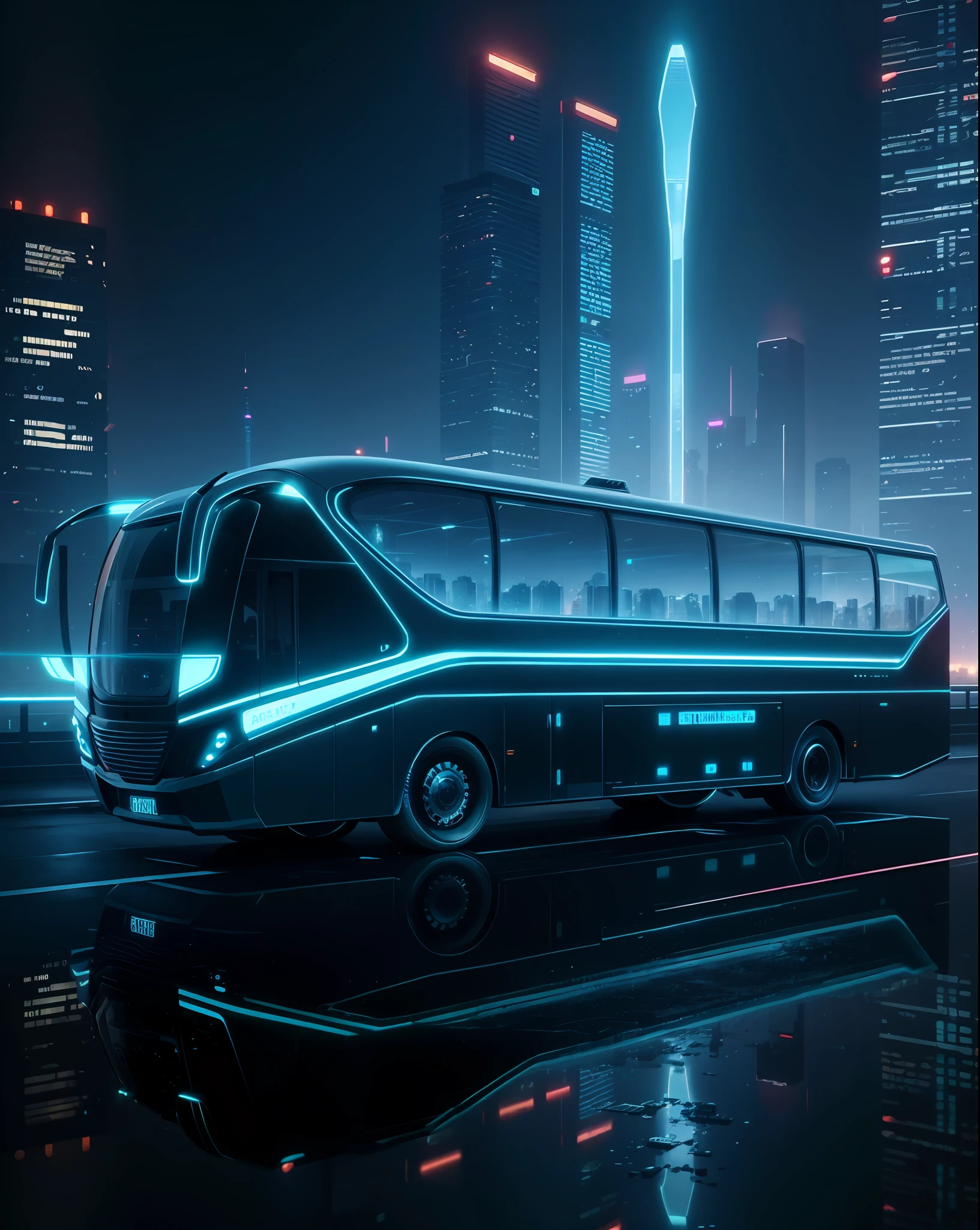 futuristic bus, reflective surface, background cyber city, high buildings, roads, cyberpunk, cyberwave, post modern, intricate details, magnificent, cinematic, high resolution, 4k,