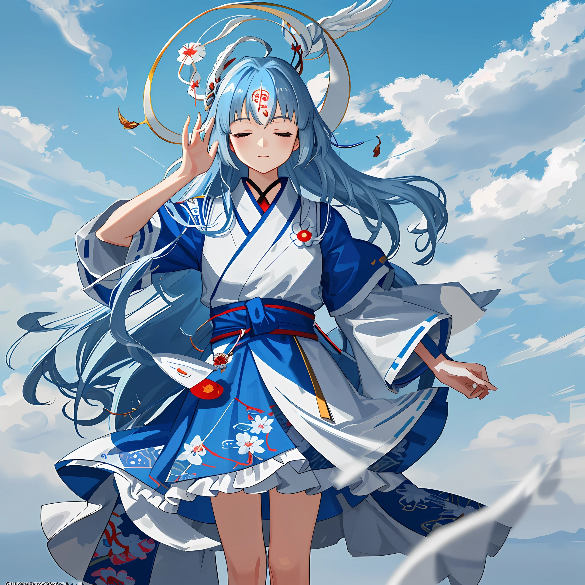 Masterpiece, ultra-detailed, of the highest quality, Amaterasu, electronic style, blue hair, in the clouds, overlooking all living beings with closed eyes