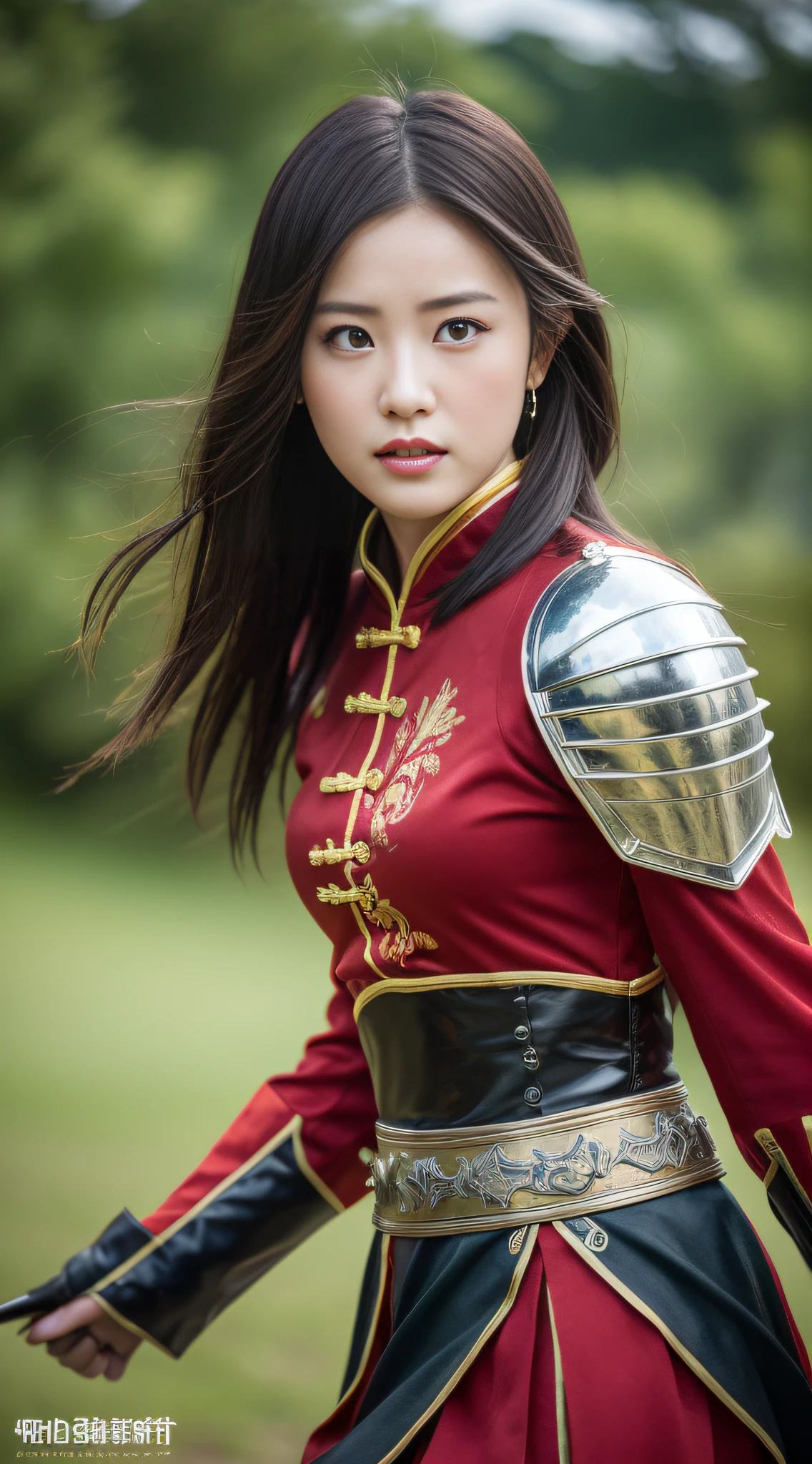 best quality, masterpiece, highres, 1girl, ,chinese battlefield background, , Beautiful face,upon_body, tyndall effect,photorealistic, dark studio, rim lighting, two tone lighting,(high detailed skin:1.2), 8k uhd, dslr, soft lighting, high quality, volumetric lighting, candid, Photograph, high resolution, 4k, 8k, Bokeh,chinese ancient warrior armor,mulan style,in battle field