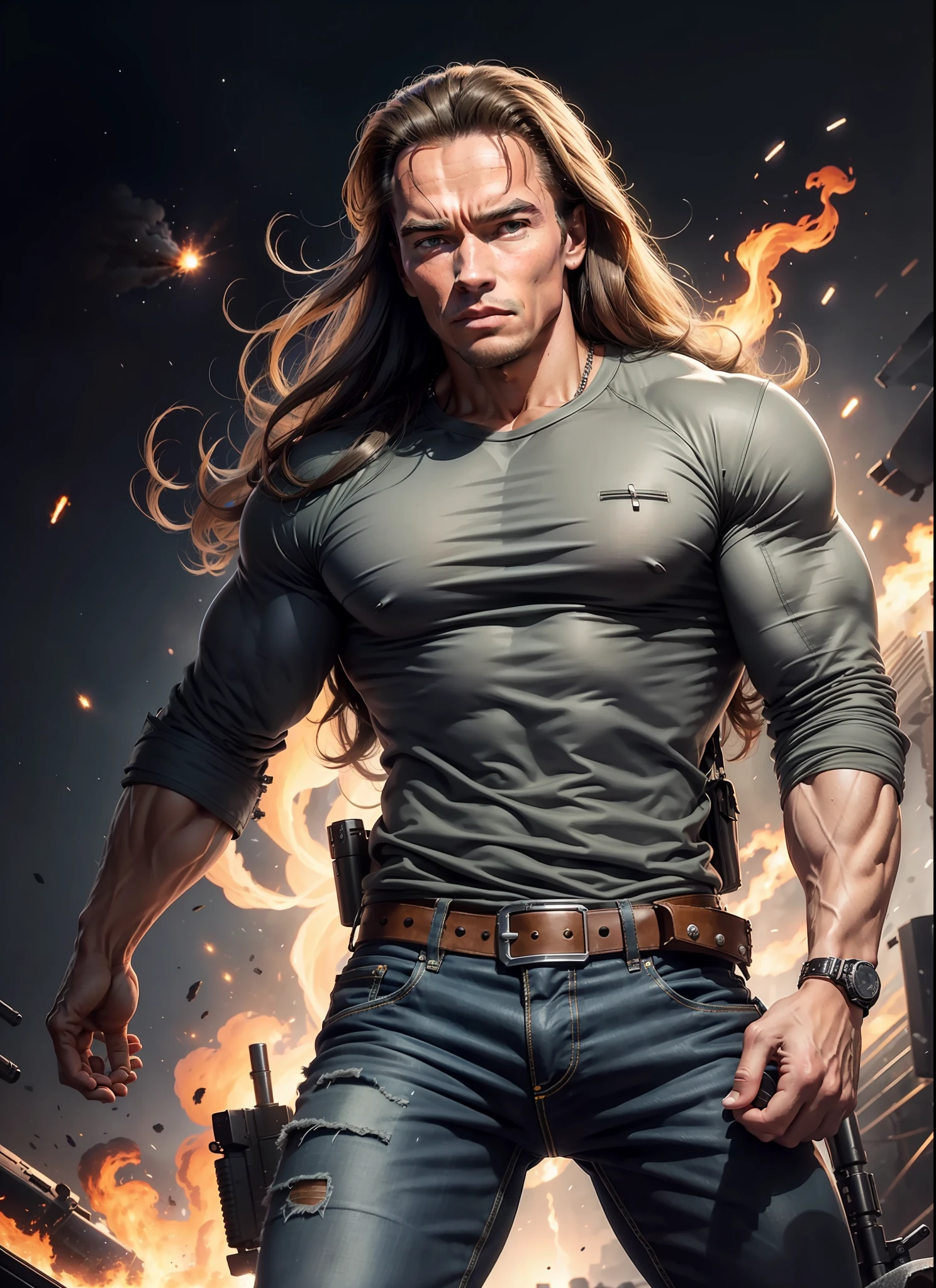 young Arnold Schwarzenegger, long hair, jeans, long jacket, gray t-shirt,1 belt, holster, rivets, just one body, big gun in hands, in space, explosions behind, fire behind, night, front view