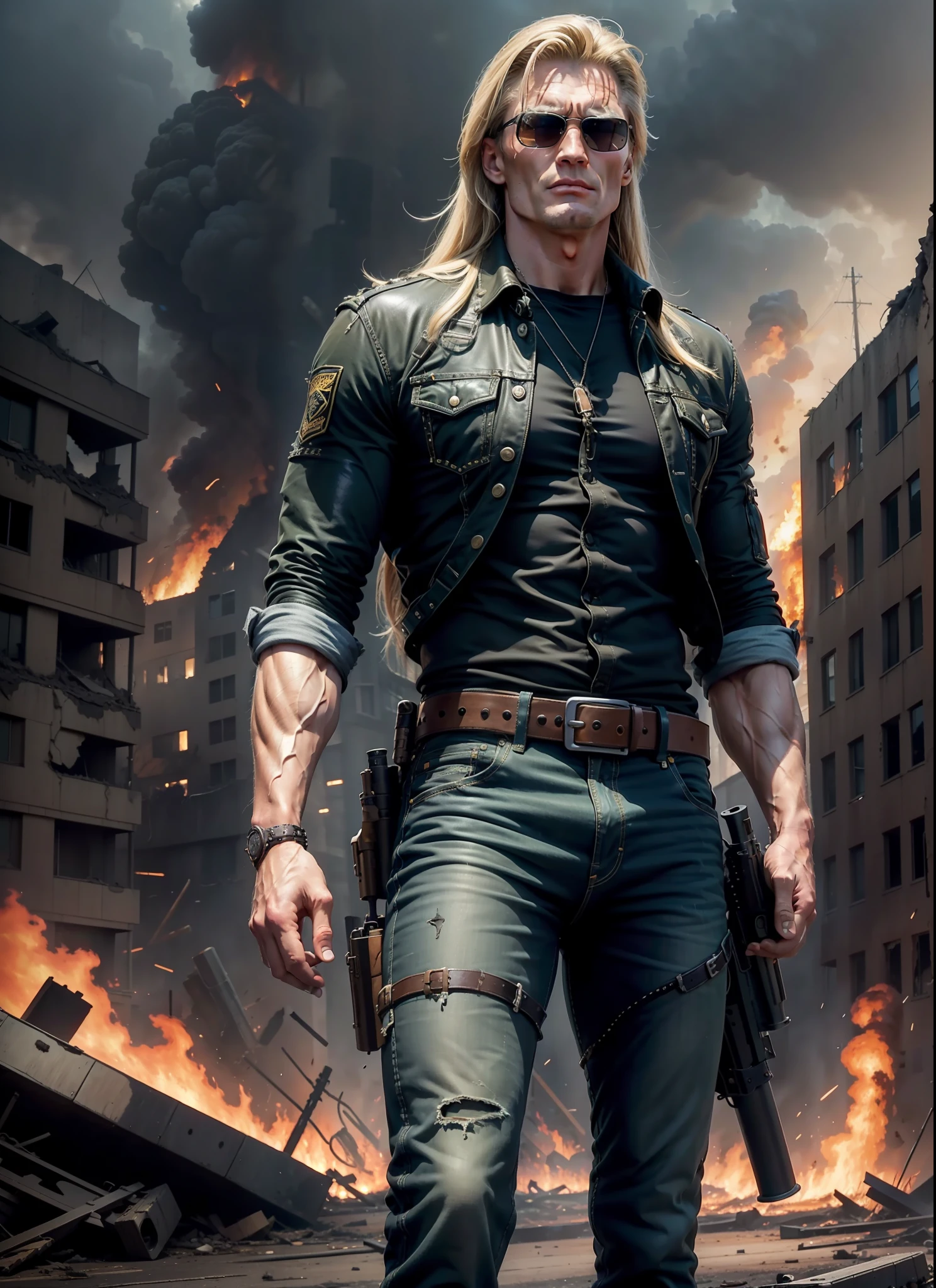 Dolph Lundgreen, Long Hair, Sunlasses, Jeans, 1 Belt, Holster, Rivets, Long Black Cover, Just One Body, Big Gun in Hands, In Ruins, Explosions Behind, Fire Behind, Front View