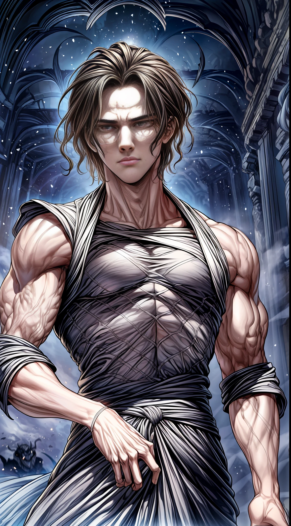 "An (agile:1.2) male teen with a (agile build:0.9) dons (lightweight:1.1) spider themed clothes, his (tousled:1.1) (shoulder-length:0.9) (wavy_dark_hair) falling gracefully around him. With (fair pale skin:1.1) that emanates a (dark fantasy vibe:1.3), he belongs to a world of (dark:1.1) magic and intrigue."