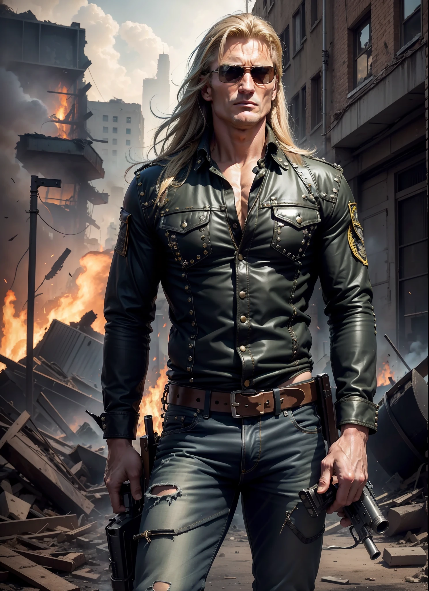 Dolph Lundgreen, Long Hair, Sunlasses, Jeans, 1 Belt, Holster, Rivets, Long Black Cover, Just One Body, Big Gun in Hands, In Ruins, Explosions Behind, Fire Behind, Front View