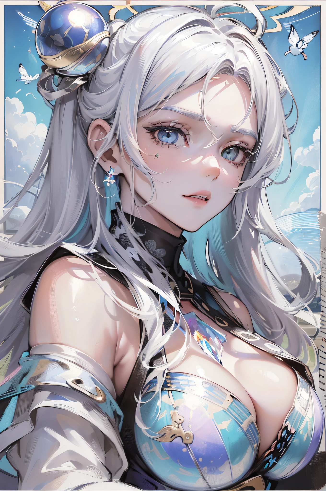 (Highest picture quality),(Master's work), (ultra-detailed),(Detailed eye description:1.2),(floating colorful wind:1.4),(upper body:1.5),(manny colorful butterfly:1.3),(clouds sea),(cleavage),(movie poster:1.5),(Tarot border:1.4),a girl dress,(white armor:1.3),(blue ribbon:1.2),(water magic:1.2),(medium breasts),(thigh bands),(white hair:1.3),(high twintails),the portrait is centered,(from below:1.1),(close-up:1.2),(looking to the side:1.3),(chaotic geometric images:1.3),(nagative space:0.8),(drawing board:1.3),(huge crystal ball:1.5), (halo:1.3),(squinting:1.3) (ether colorful ink flowing:1.3)