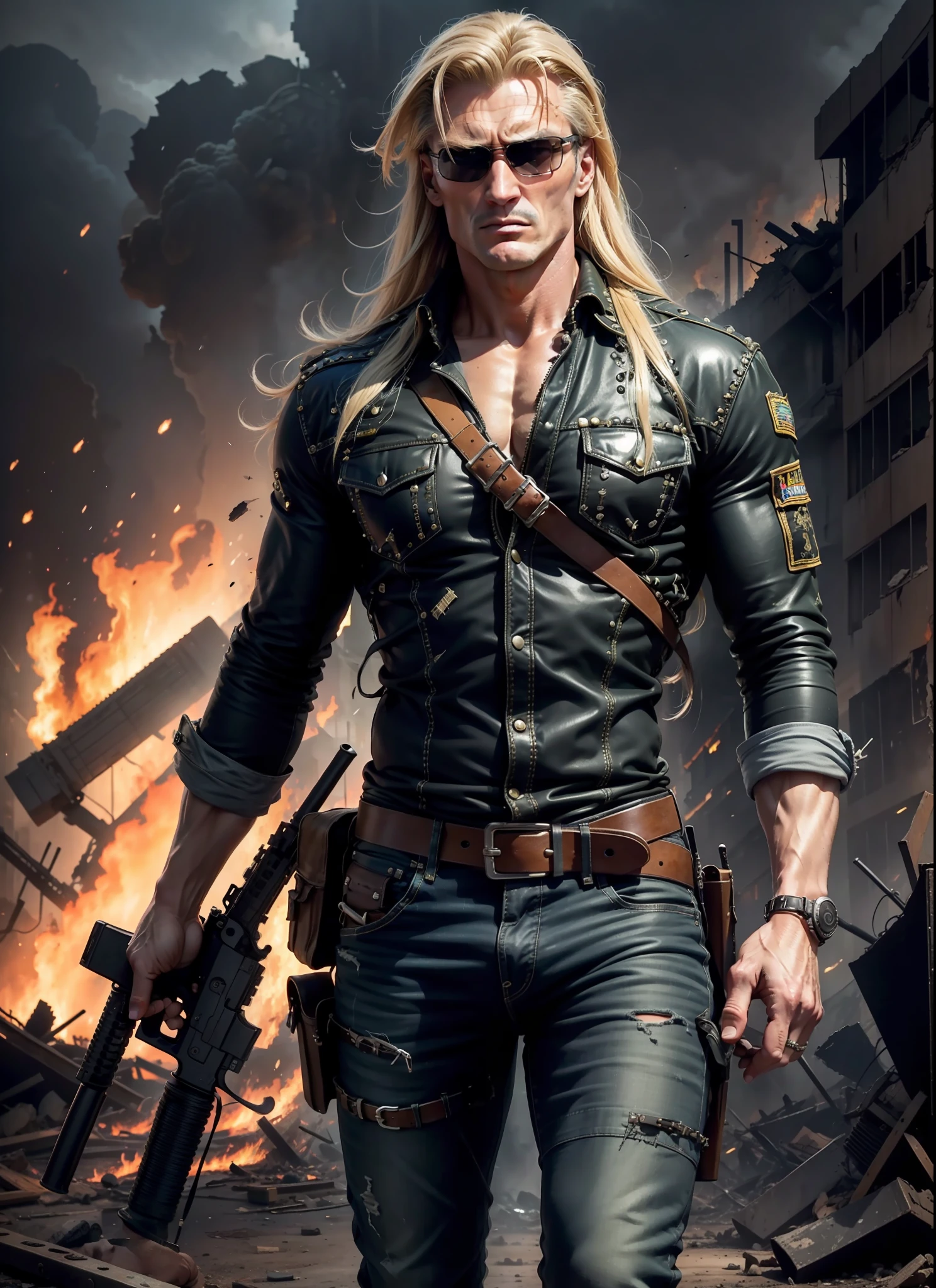 Dolph Lundgreen, Long Hair, Sunlasses, Jeans, 1 Belt, Holster, Rivets, Long Black Cover, Just One Body, Big Gun in Hands, In Ruins, Explosions Behind, Fire Behind, Front View