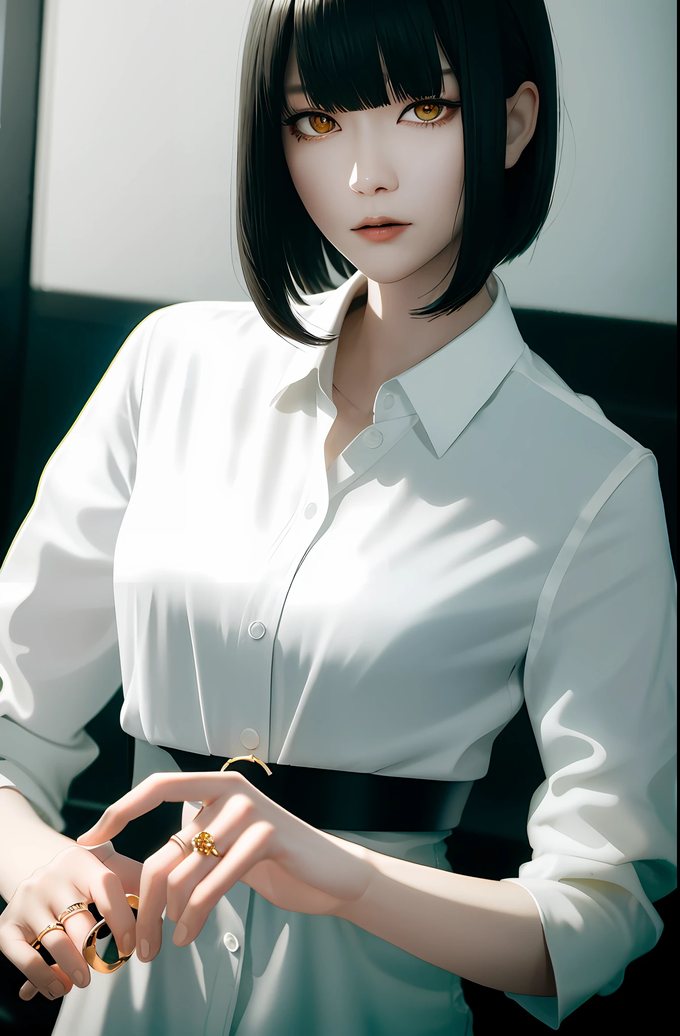 Masterpiece, (Photorealistic: 1.4), Top Quality, Beautiful Lighting, (ulzzang-6500:0.5), Makima \(Chainsaw Man\), (Bob Hair) + (Black Hair) + (Bangs), Yellow Eyes, Golden Eyes, (((Ring Eyes)), (White Shirt), RAW Photography, 8k UHD, Film Grain