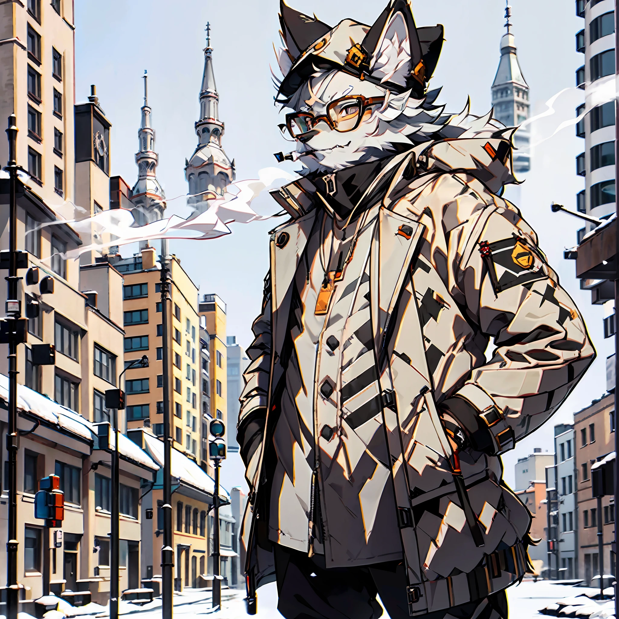 Solo, furry, male arctic fox, gray fur, gray skin, gray ears, golden eyes, sharp claws, fluffy tail, black figure-eight beard, wearing a brown trench coat, wearing a brown beret, wearing glasses, smoking, standing in front of a carriage, detailed background