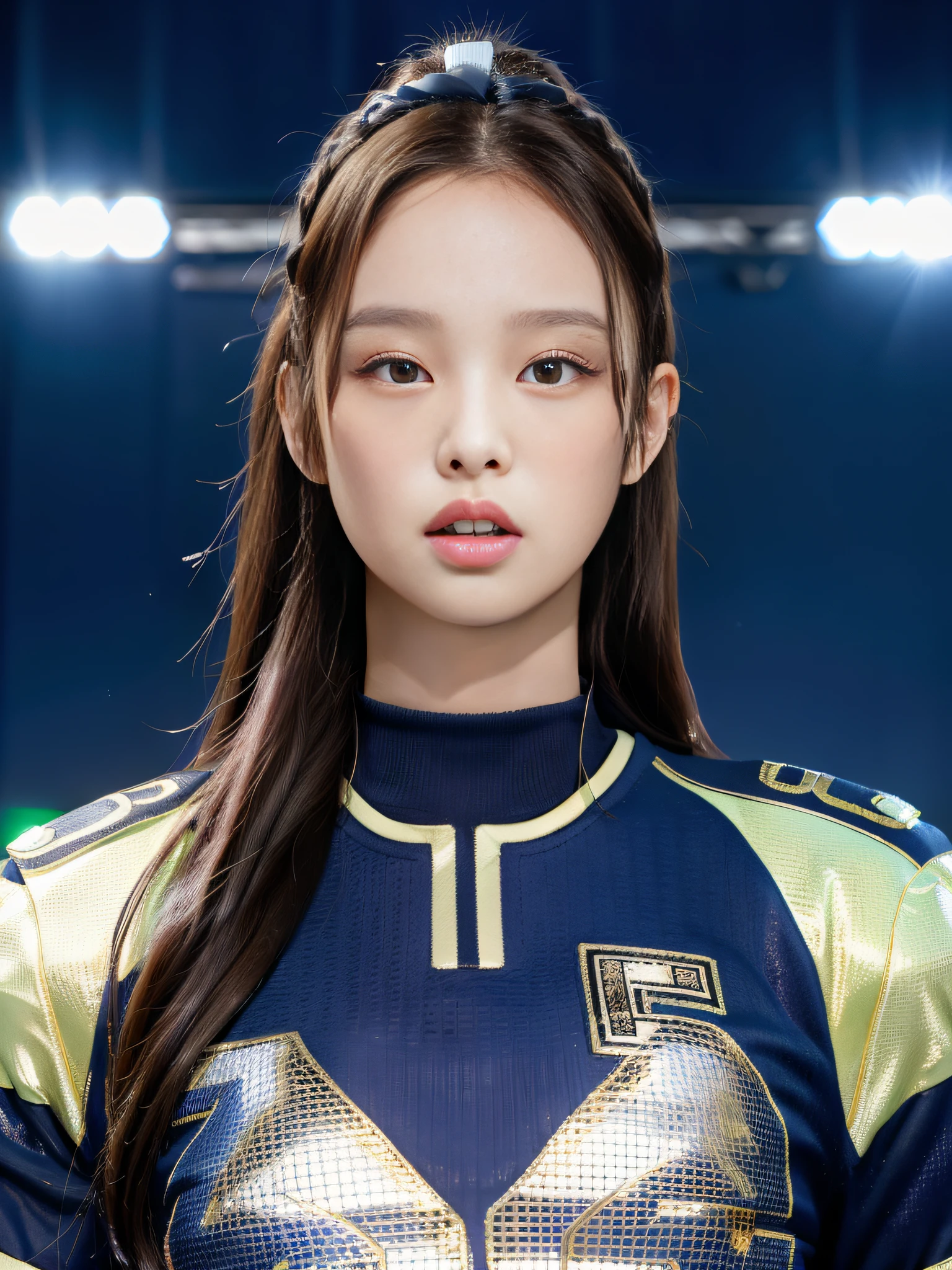 Masterpiece, superlative, realistic, Jennie wearing trendy football uniform, HD, photography and lighting, 16k