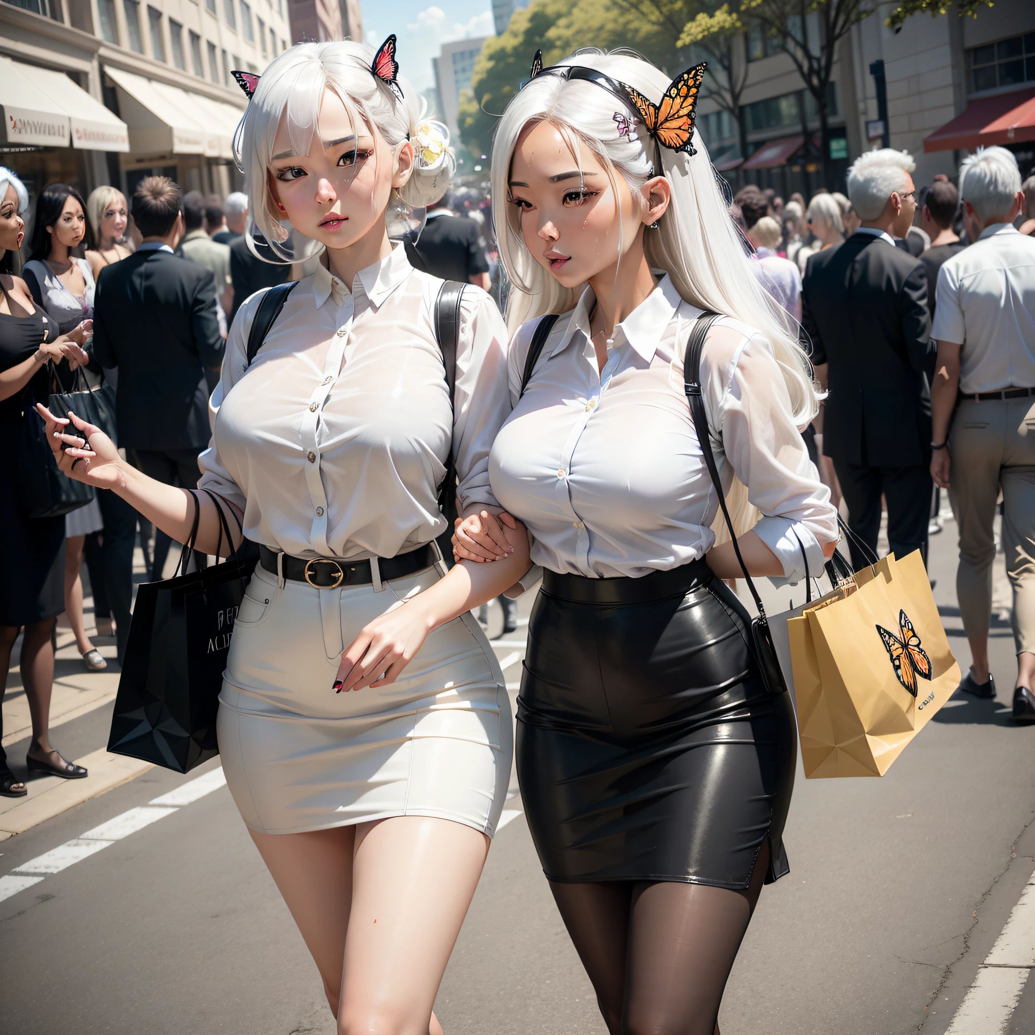 super high resolution, masterpiece, best quality, 1girl, Kiyana, hair flower, white hair, mature women, white shirt, black pencil skirt, black pantyhose, (butterfly 2) outdoors, ID card, street, crowd, building, shopping bags, sweat, looking away,