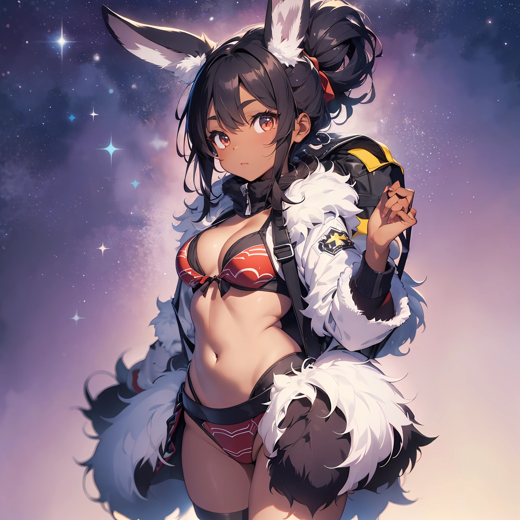 Background is snow, hagging, fur and bikini fusion covered with fur, two, ridiculous, thick eyebrows, (huge backpack: 1.5), (dark skin: 1.3), brown skin, movie lighting, small, rabbit ears, (masterpiece), ((best quality)), (super detailed), glossy skin, full body anime girl, clean and detailed anime face, high resolution anime eyes, five fingers, textile shading, Perfect human structure, perfect anatomy,