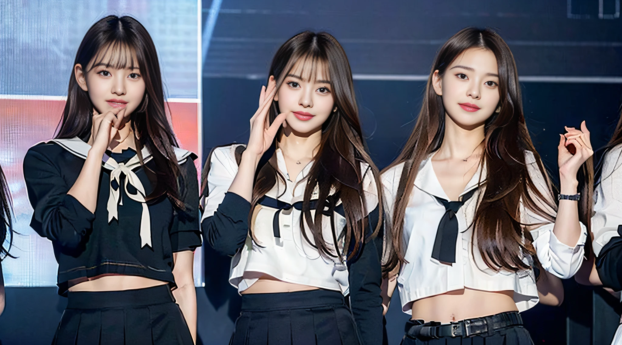 (8k, RAW photo, highest quality, masterpiece: 1.2), super detail, super resolution, (photorealistic: 1.4), schoolgirl miss con, schoolgirl posing on stage, full body shot, full body photo, high resolution raw color photo, professional photo, detailed background of female proofreading miscon 2022, dancing on stage, swaying skirt, very detailed and beautiful background, super high quality, 8k wallpaper, amazing details, huge file size, very detailed beautiful girl, very detailed face very detailed eyes, very realistic skin, very detailed fingers, very detailed nose, very detailed mouth, perfect anatomy, very detailed background, highly detailed clothes, teen, cute girl, famous Japan idol, cute, realistic body, slender, white skin, glowing skin, slim body, Long straight hair, (dull bangs:1.2), realistic face, delicate eyes, double eyelids, sailor suit, red tie, pink eye shadow, brown hair that swayed every time a high school girl walks, celebrity level cuteness, modern female proofreading, (heart mark under eyes)