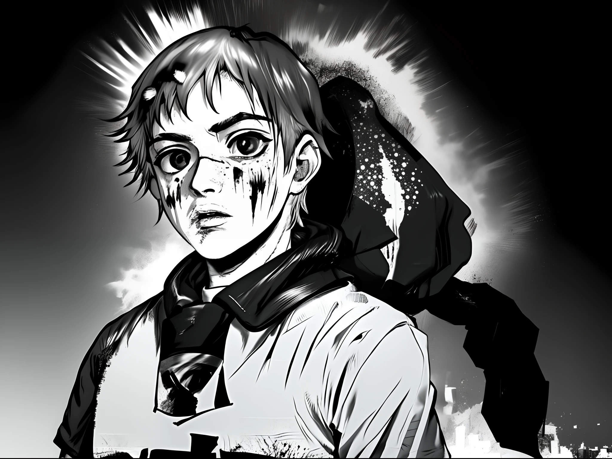 Young boy (ager, 20 years old), Splatterpunk city background, grayscale, monochrome, detailed face, splatterpunk