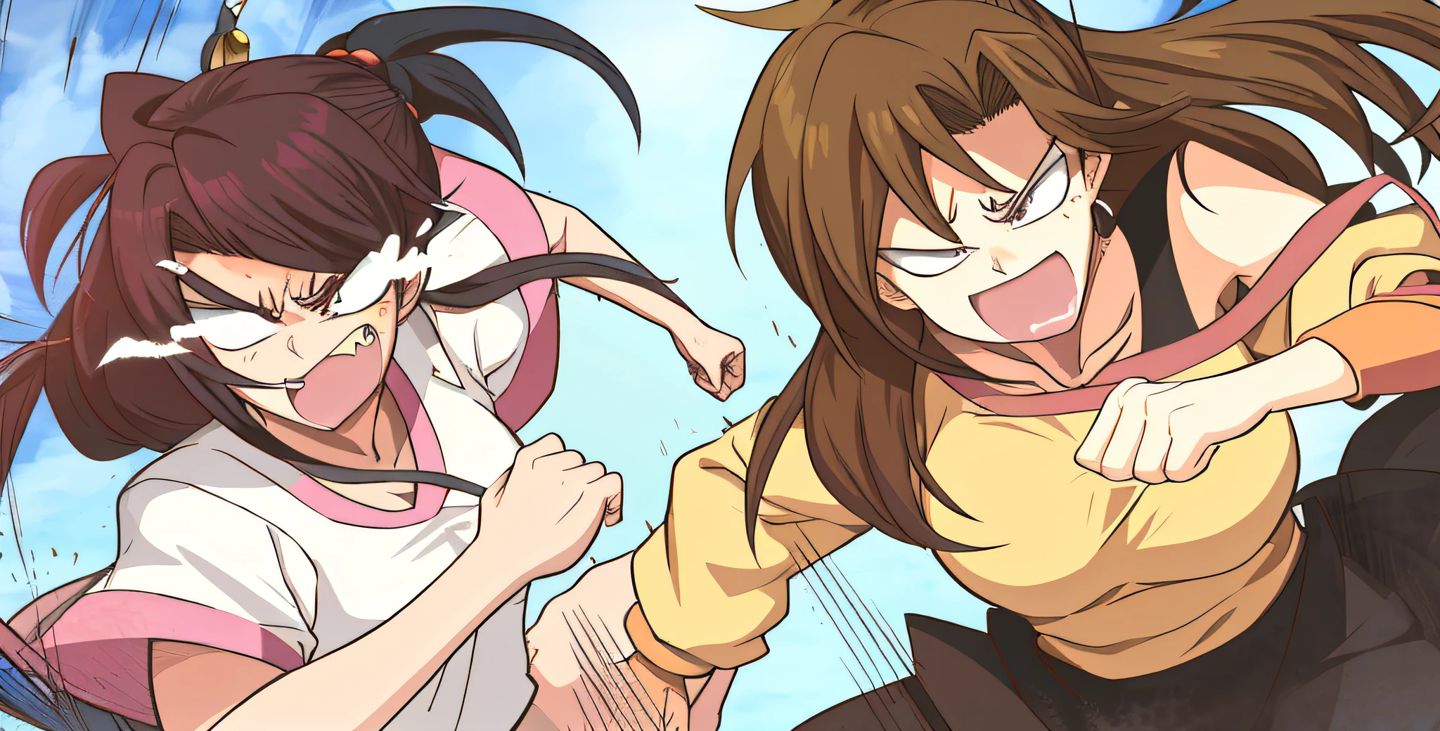 anime image of two women with long hair and one with a cell phone, konosuba anime style, anime fight, ikki tousen, inspired by Baiōken Eishun, anime moe artstyle, bakemonogatari, they are fighting very angry, mischievous!!, dynamic!!, 8k!, close-up fight, heavy gesture style closeup
