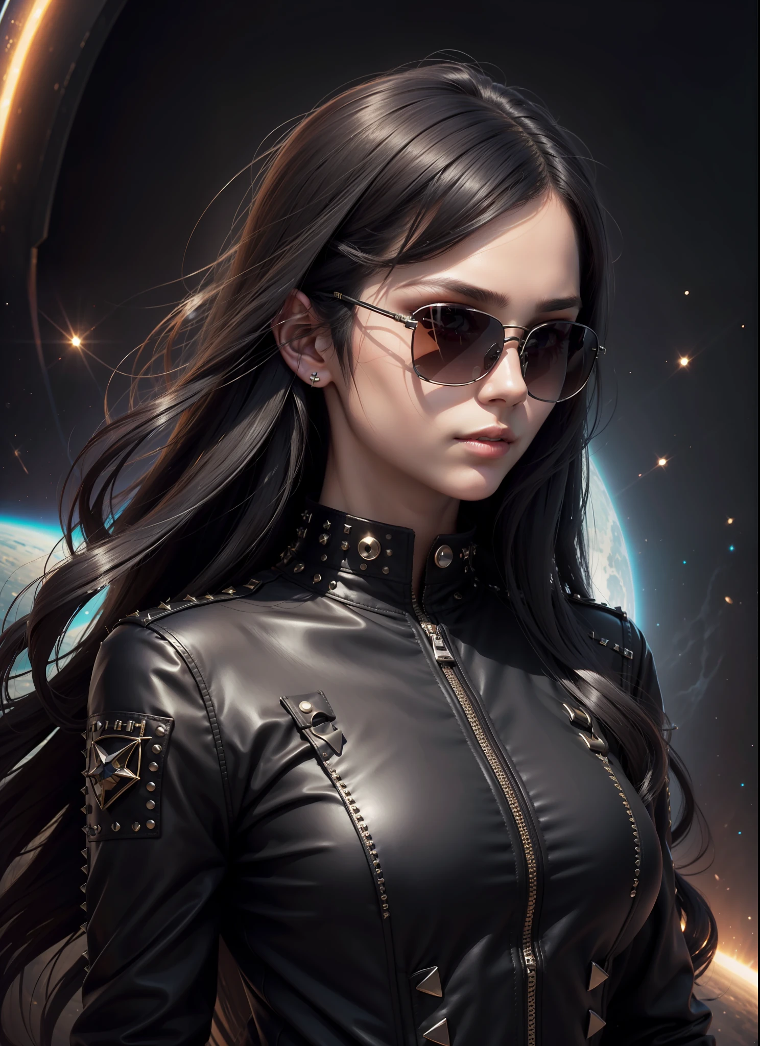 Beautiful woman, medium dark long hair, black sunglasses, black outfit, rivets, just one body, in space, front view