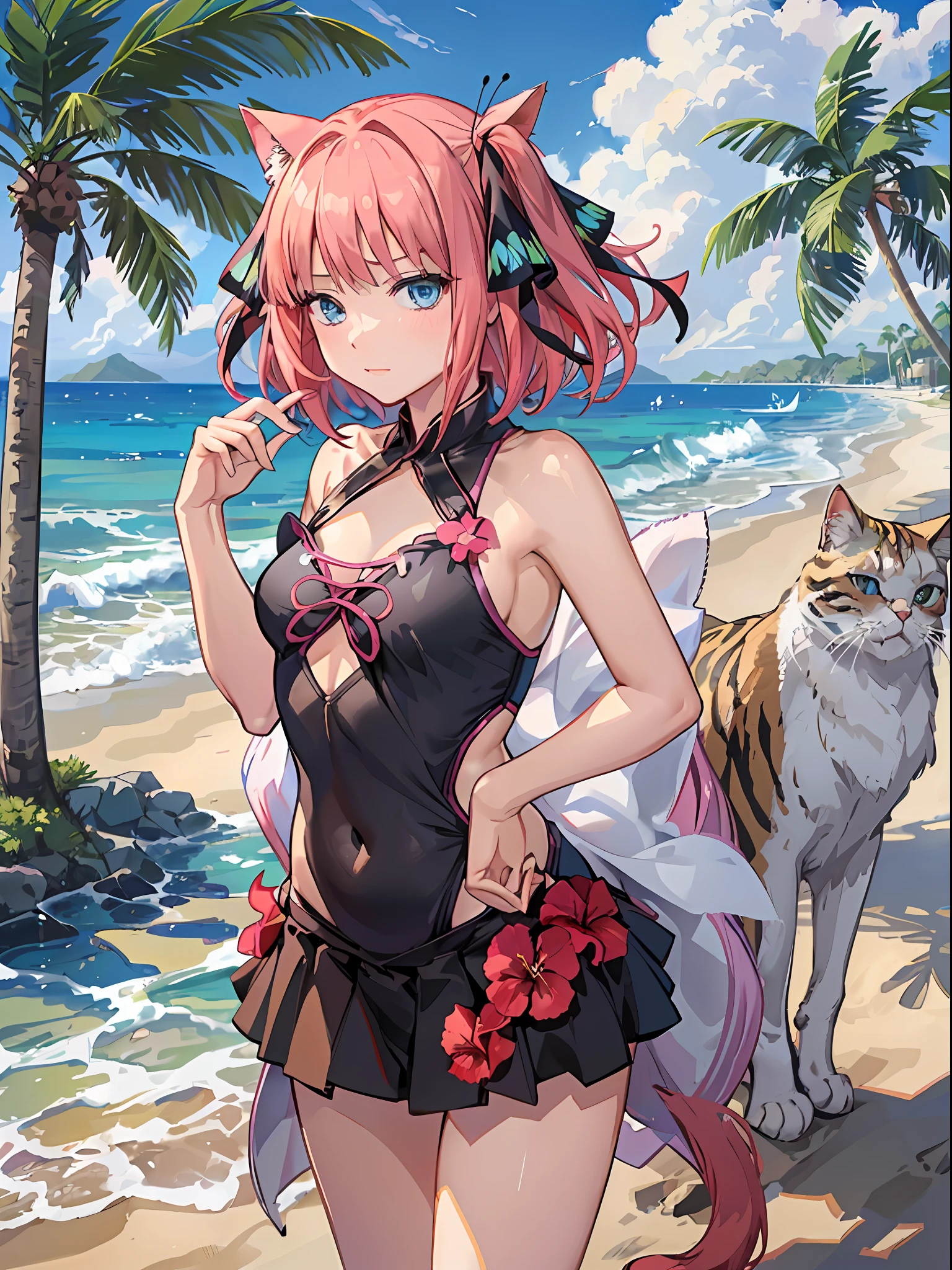 1girl (masterpiece) (highest quality) (shiny hair) (shiny skin), nakano nino, pink hair, hair ribbon, butterfly hair ornament, tsundere, (embarrassed:1.2)(jitome, half closed eyes:1.2), swimsuit, (beach, palm trees), beach, clear water,(blue sky, cumulonimbus),(island),(hibiscus), shorthair, arms, cat ears, cat tail