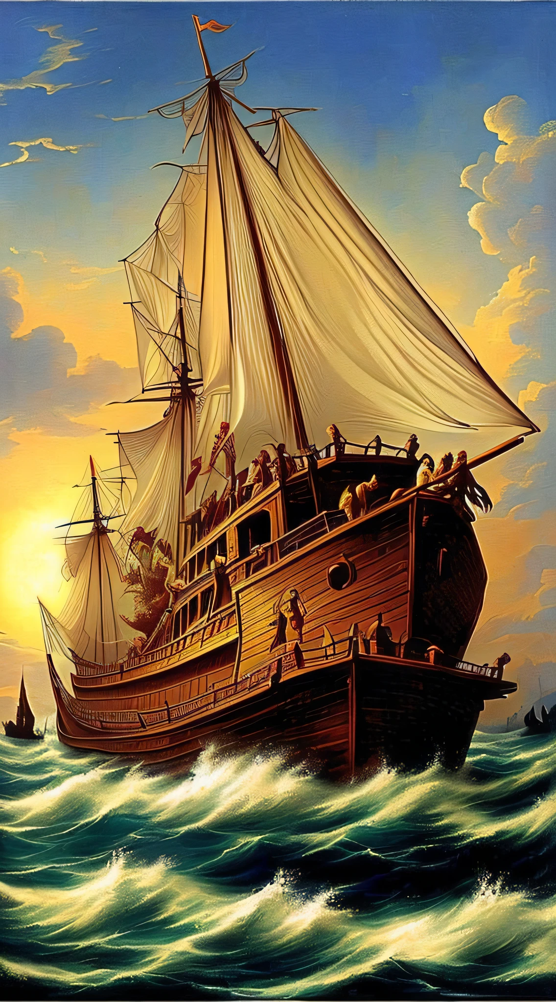 {lmasterpiece]l, {best quality), [highres, there is a biblical Noah's ark traveling in a flood that floods the house