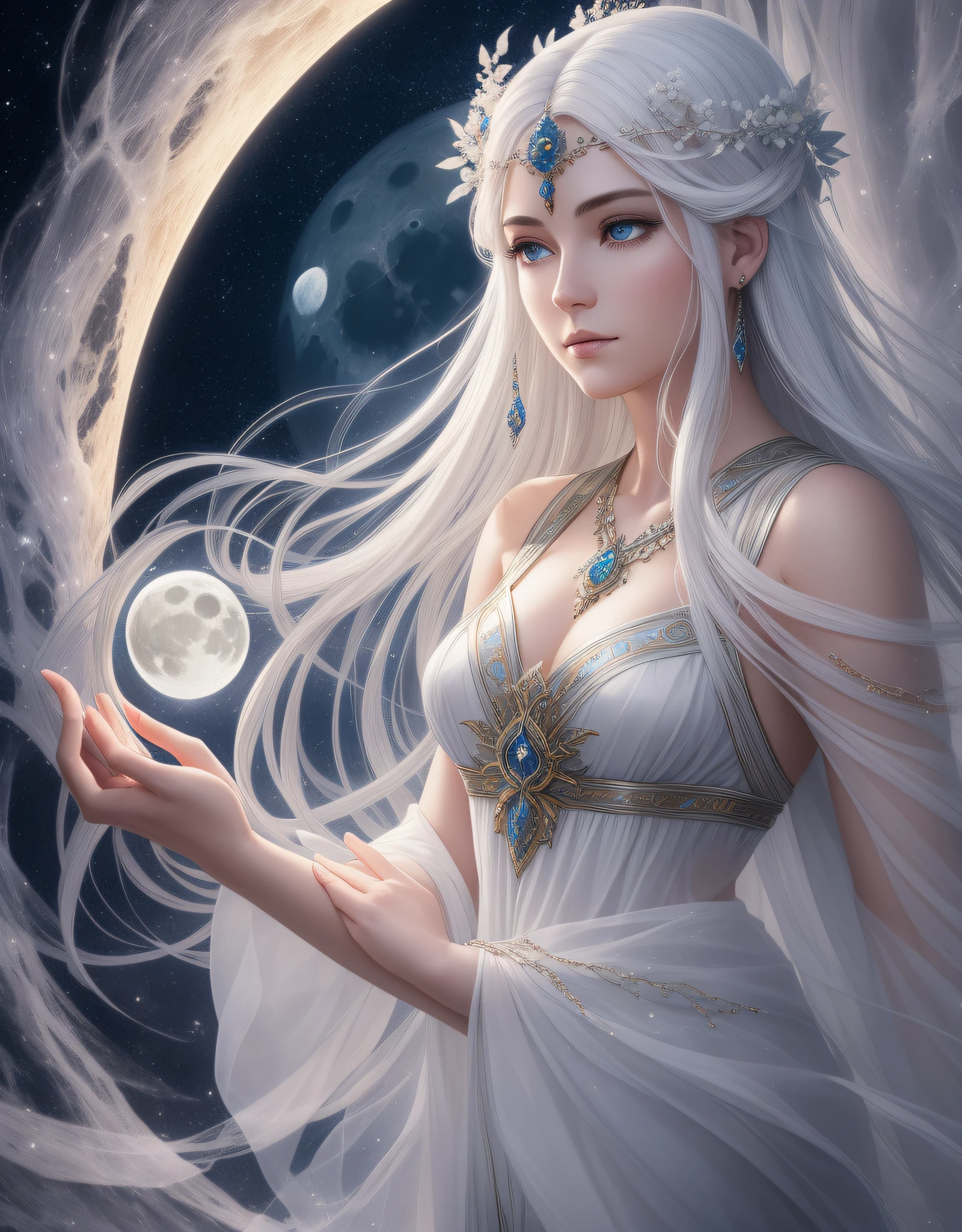 (((masterpiece))), 8k photorealistic,Content: An enchanting portrayal of a white-haired female character with a strong connection to the moon
Medium: Digital illustration or concept art that captures the ethereal and mystical qualities of the character
Style: Fantasy-inspired with a touch of realism, blending elements of mythology and lunar symbolism
Lighting: Illuminated by a soft and silvery glow that emanates from the moon, casting an enchanting aura
Composition: The artwork showcases the white-haired female character in a captivating and empowered stance, embodying the moon's grace and wisdom. Her appearance reflects lunar symbolism, with subtle celestial details incorporated into her attire and accessories. The composition is carefully designed to evoke a sense of mysticism and wonder, with the moon serving as a prominent backdrop. The gentle and silvery lighting enhances the character's connection to the moon, adding an ethereal and otherworldly atmosphere to the scene. This artwork celebrates the captivating presence and magical allure of the moon-inspired character, inviting viewers into a realm of enchantment and celestial beauty.