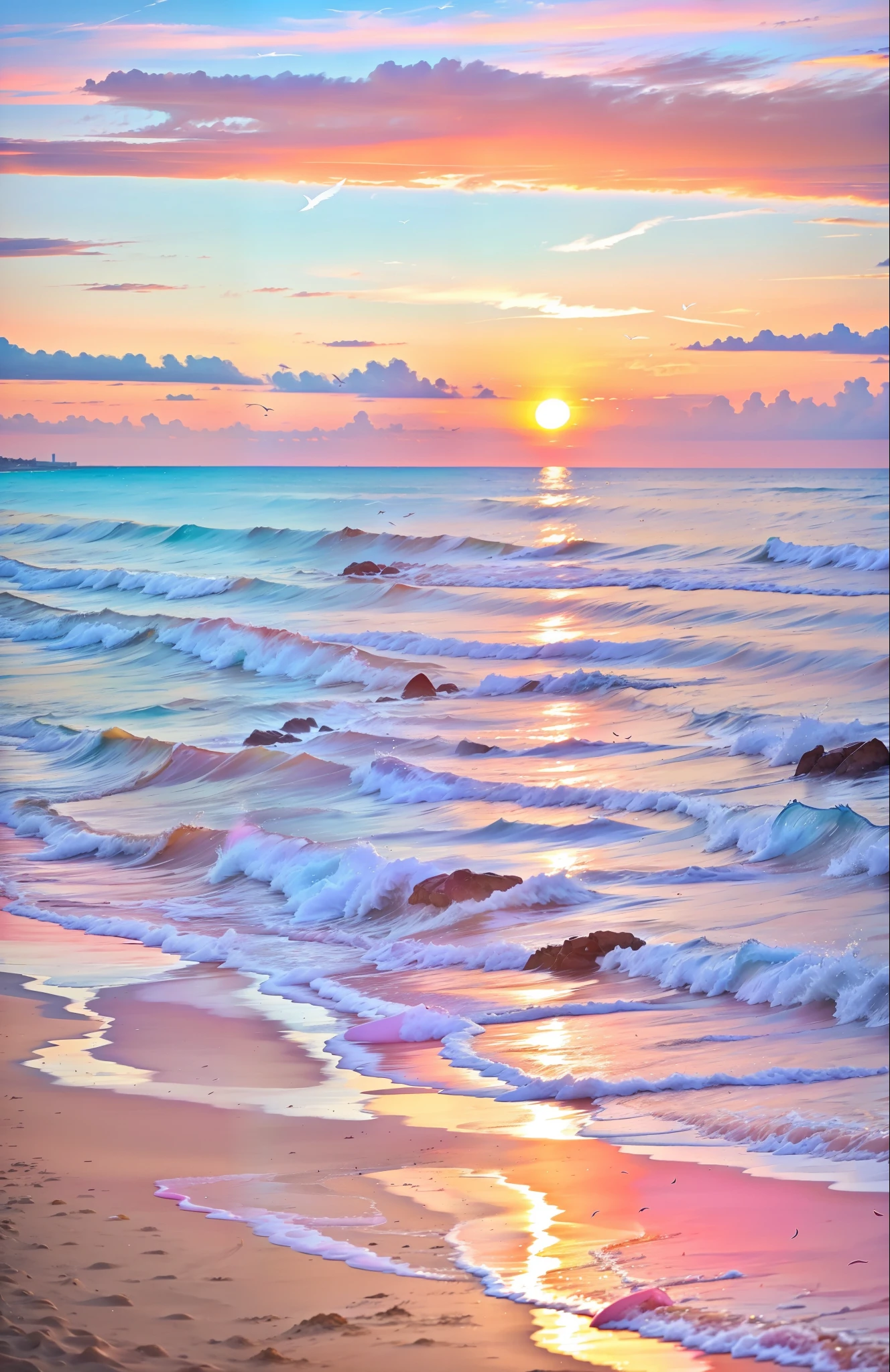 An absolutely mesmerizing sunset on the beach, with a mix of orange, pink, and yellow in the sky. The water is crystal clear, gently kisses the coast, and the white sand is endless. The scene is dynamic and breathtaking, with seagulls soaring high in the sky and palm trees swaying softly. Immerse yourself in the calm atmosphere and let the serenity surround you.