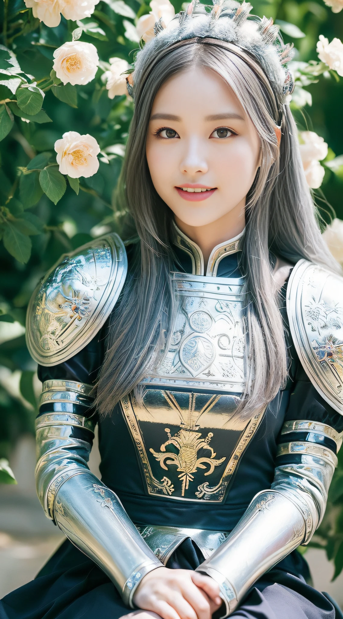 ((medium bSymmetrical, high-detail original color photo professional close-up, [ : (high-detail face: 1.2) : 0.1] , (PureErosFace v 1:0.8) , full-body portrait, pores, real skin,  hair band, flying hair, (grey hair 0.4) , ancient headdress, hairpin, smile, affectionate eyes, sparkling eyes, beautiful scene, sitting in the flowers, shadow, Backlight, natural light, obscurity Lens, hard focus, film particles, shooting photos, portrait photos,zskuijia,Chinese armor,sword, armor,