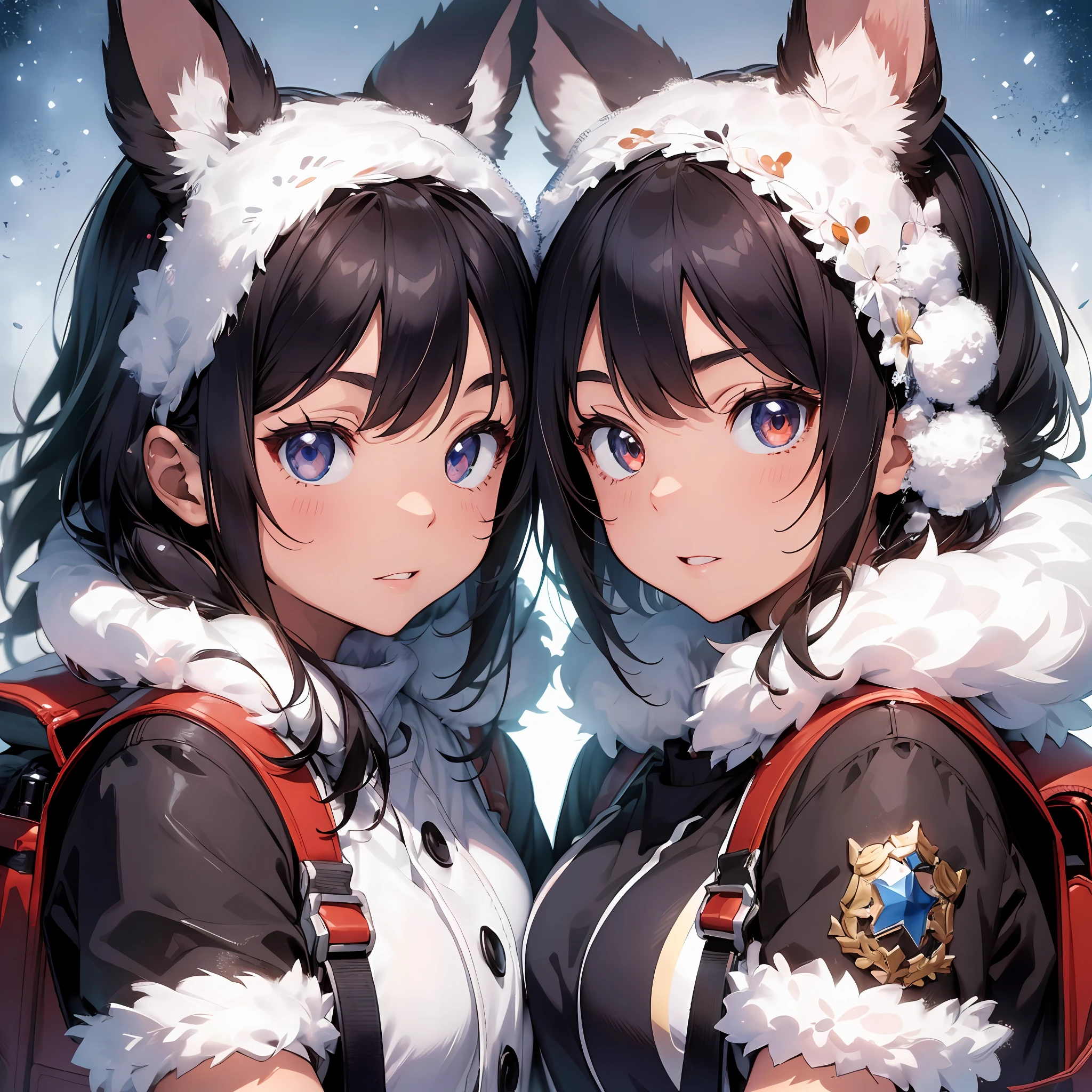 Background is snow, hagging, fur and bikini fusion covered with fur, two girls, staring at each other and hugging, ridiculous, thick eyebrows, (huge backpack: 1.5), (dark skin: 1.3), brown skin, movie lighting, small, rabbit ears, (masterpiece), ((best quality)), (super detailed), glossy skin, full body anime girl, clean and detailed anime face, high resolution anime eyes, five fingers, Textile shading, perfect human structure, perfect anatomy,