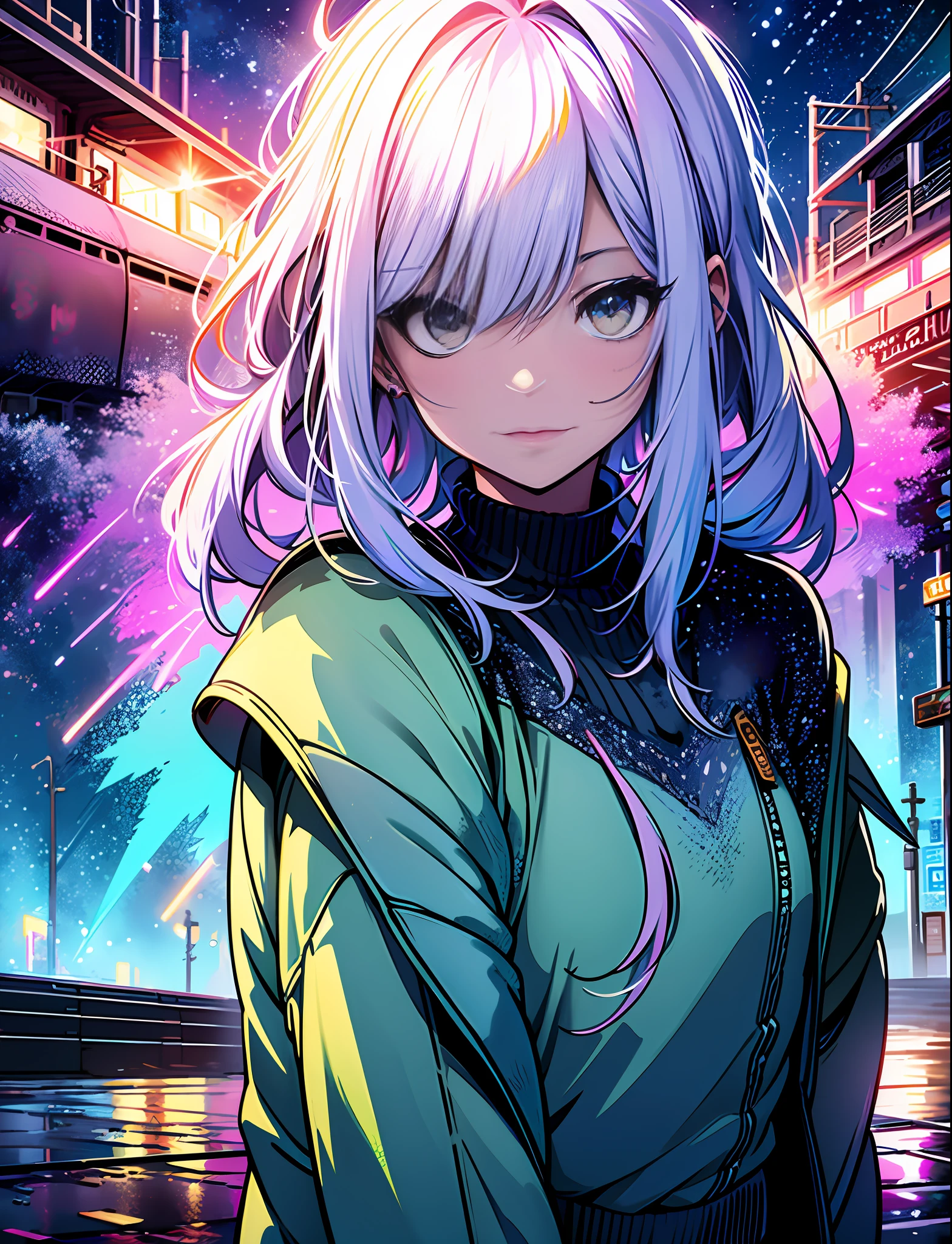 Portrait of a girl, Cool chic train on a wet road. ,neon lights, neon galaxies, huge crystal moon, starry sky,,, in love Hemp, leaf, marijuana, cannabis, ((illustration)), colorful, wallpaper, energy, secret, magical environment, omniscience, prediction of the future, understanding the past, frost magic, --v 6