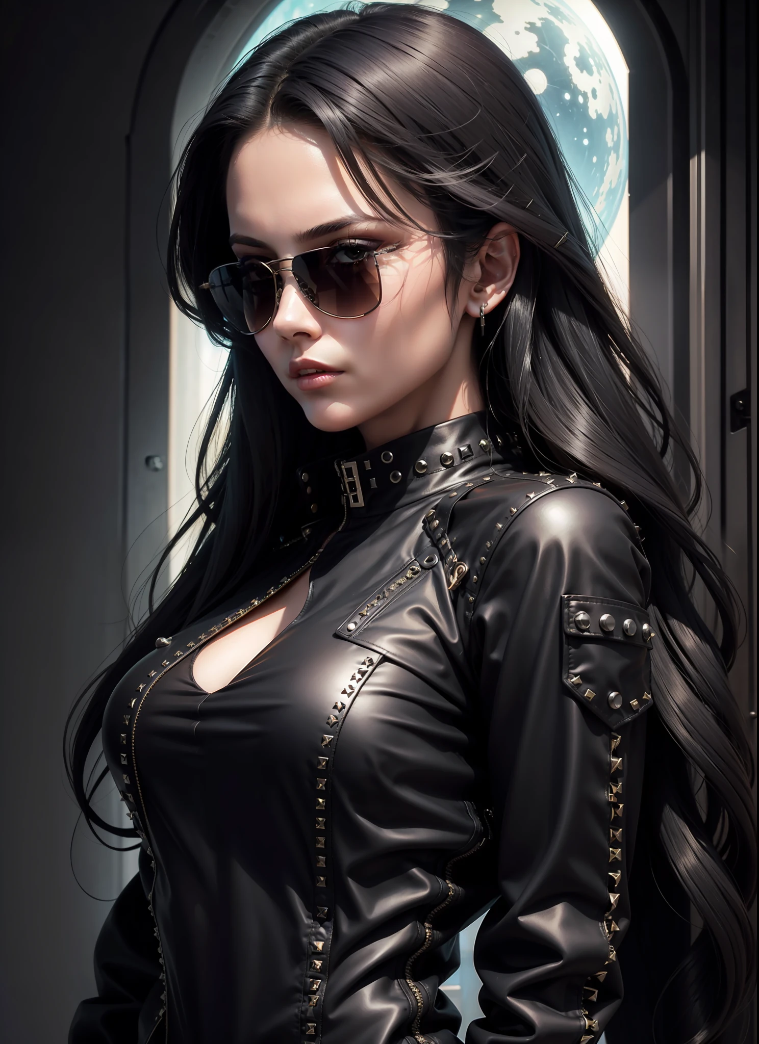 Beautiful woman, medium dark long hair, black sunglasses, black outfit, rivets, just one body, in space, front view