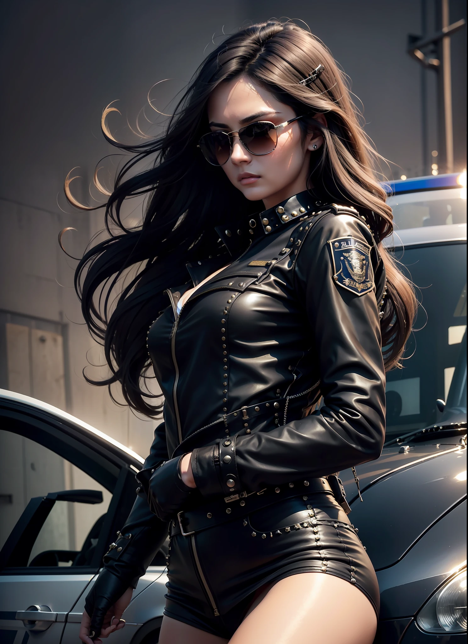 police, beautiful woman, medium dark long hair, black sunglasses, rivets, cars, airplanes, just one body