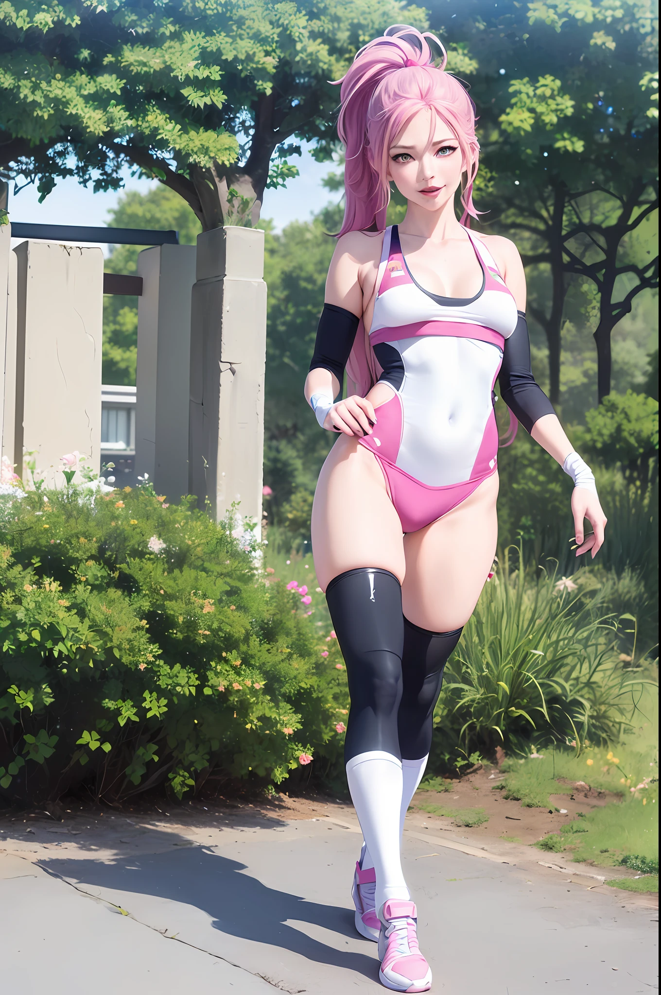 (solo), (full-length detailed photo of a girl in RAW format), (masterpiece: 1.0), (best quality: 1.4), (ultra-high resolution: 1.2), (photorealistic: 1.4), 8k resolution, Canon EOS R5, 50mm, absurd, ultra-detailed, (18 years old), sharp focus, cinematic lighting, detailed beautiful face, (thick makeup), (ulzzang-6500-v1.1), miniature figure, detailed skin texture, pale skin, flat chest, (pale, (thin and toned body: 1.3), gap between thighs, detailed long blonde hair, disheveled hair, (Avril Lavigne: 0.7), smile, (futuristic fashion, streetwear, high-tech fabrics, racing suit, fireproof material, elbow and knee pads, racing gloves: 1.1), contrapost, (Kpop idol), (azur lane\), cityscape, outdoor, ((white + pink theme)),